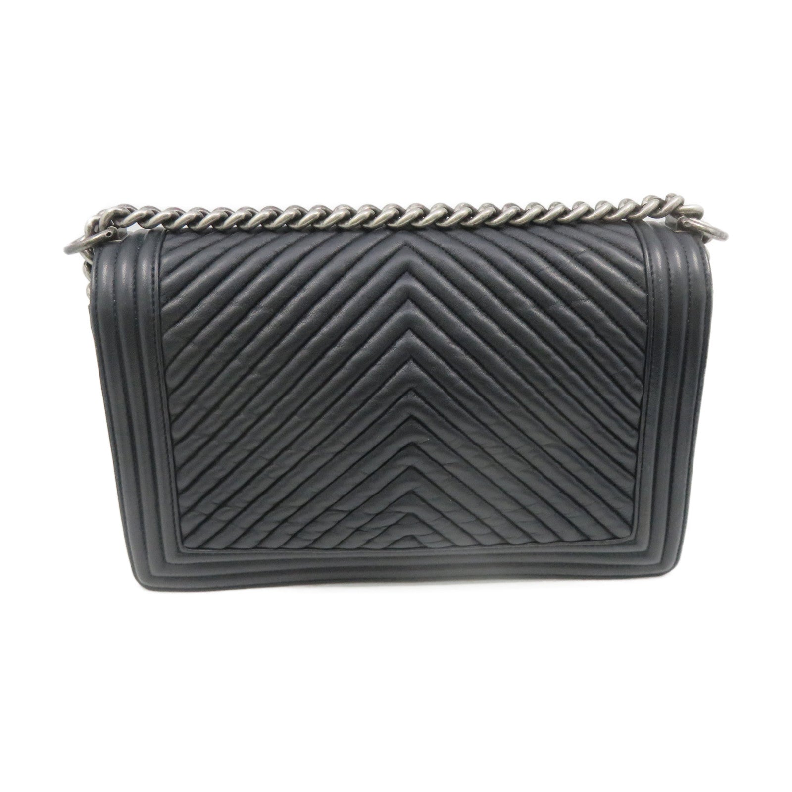 CHANEL 斜紋牛皮皮革Boy Chanel Chain Shoulder Bag銀扣鏈帶肩背袋
