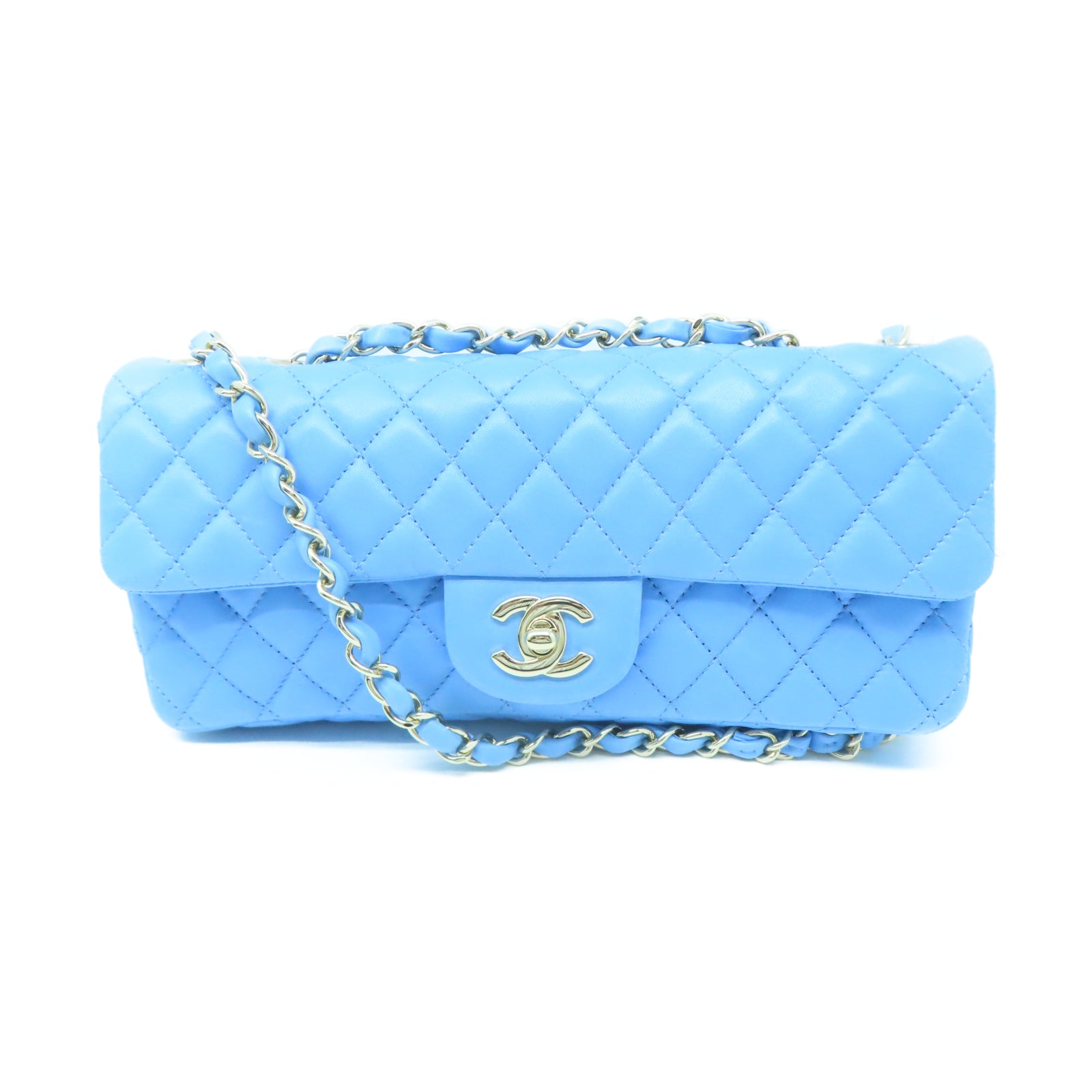 CHANEL 菱格牛皮皮革Chain Shoulder金扣鏈帶肩背袋藍色