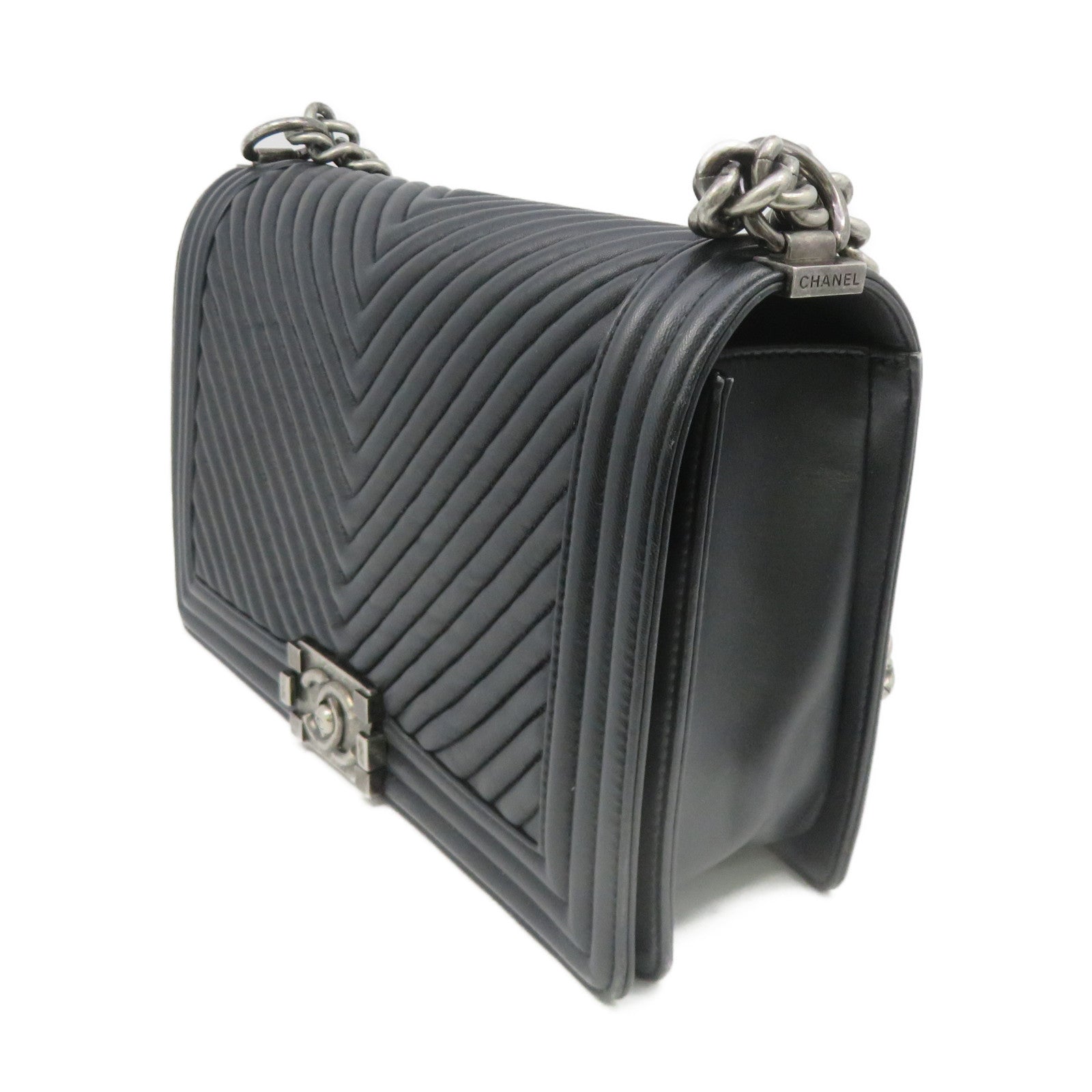 CHANEL 斜紋牛皮皮革Boy Chanel Chain Shoulder Bag銀扣鏈帶肩背袋