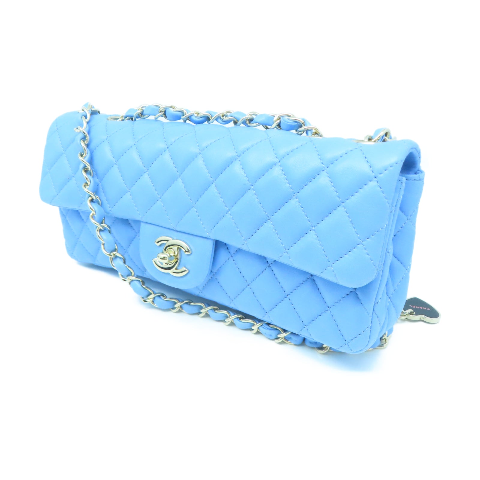 CHANEL 菱格牛皮皮革Chain Shoulder金扣鏈帶肩背袋藍色