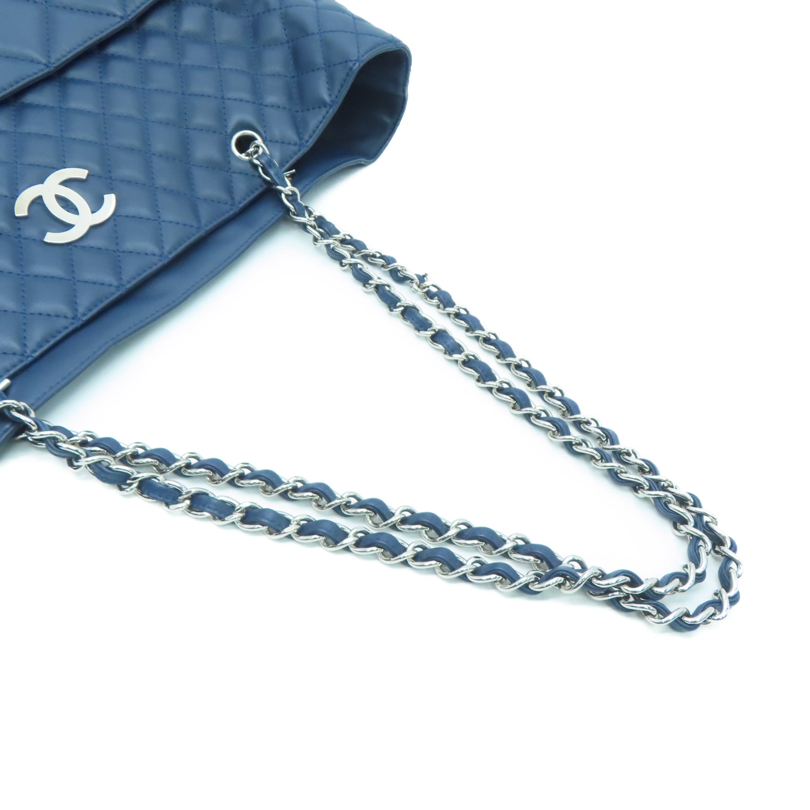 CHANEL 菱格牛皮皮革Chain Shoulder Tote银扣链带肩背袋蓝色