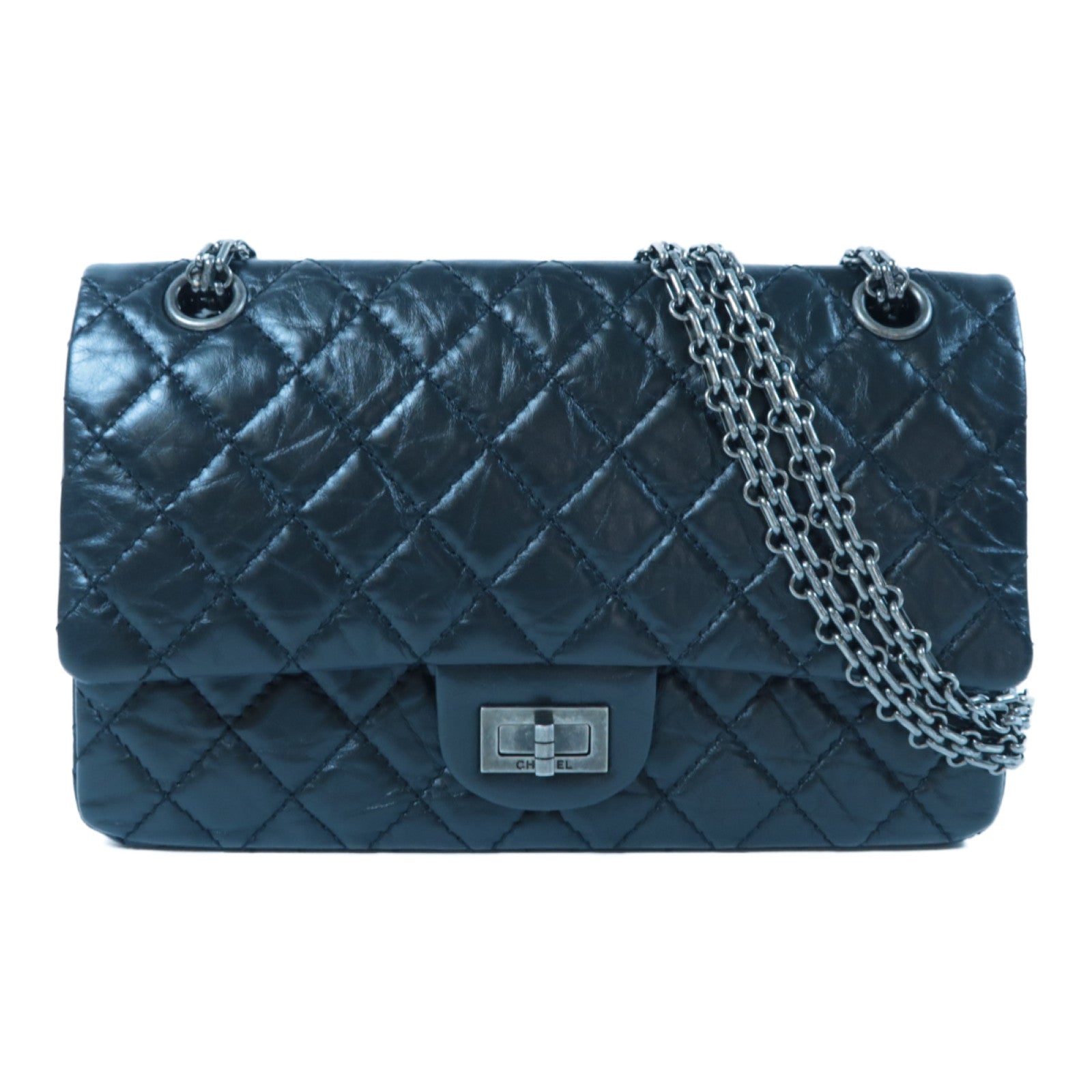 CHANEL 菱格牛皮皮革2.55 24cm銀扣鏈帶肩背袋黑色