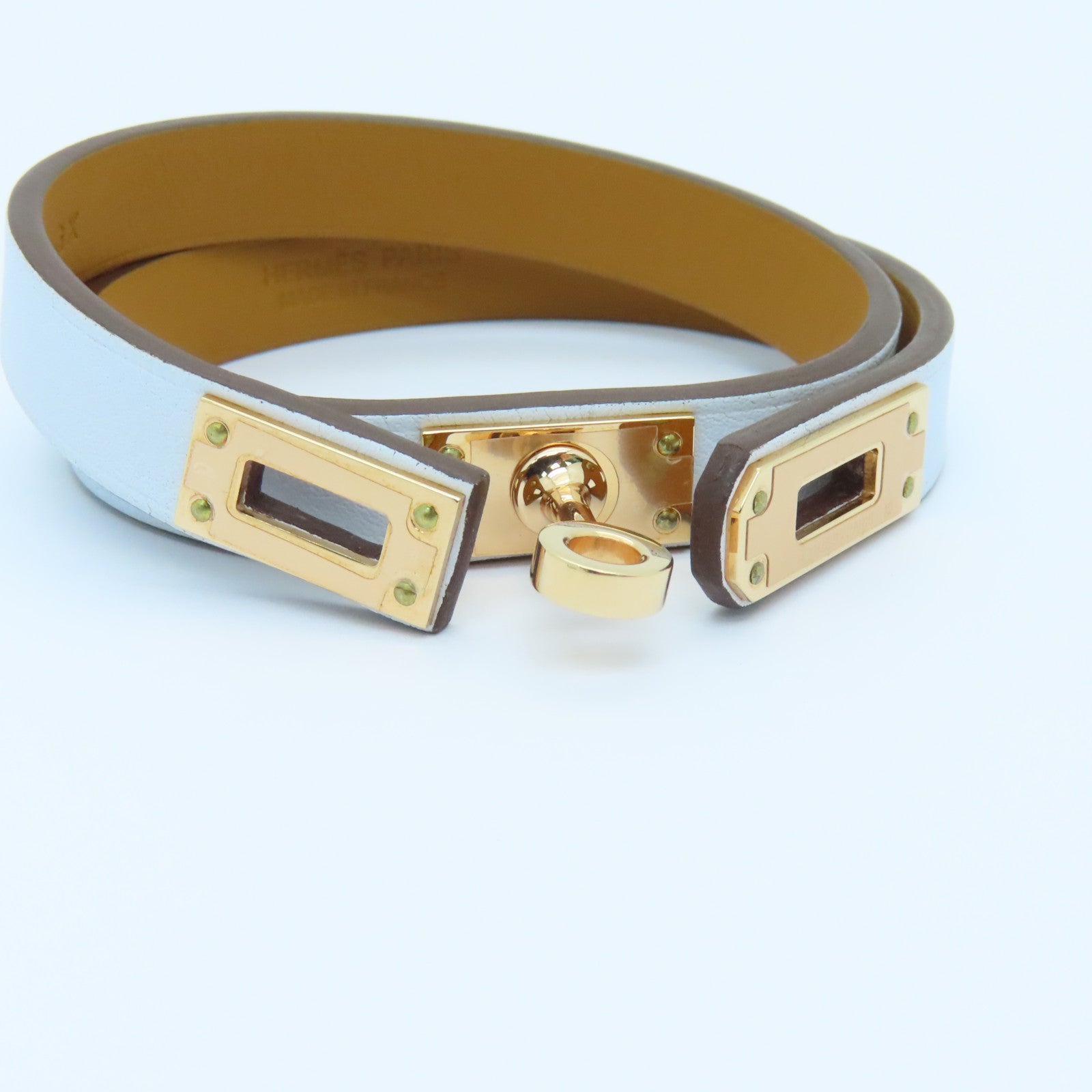 HERMES Swift Leather Mini Kelly Double Tour Gold Buckle Bracelet Bleu Brume Light Blue