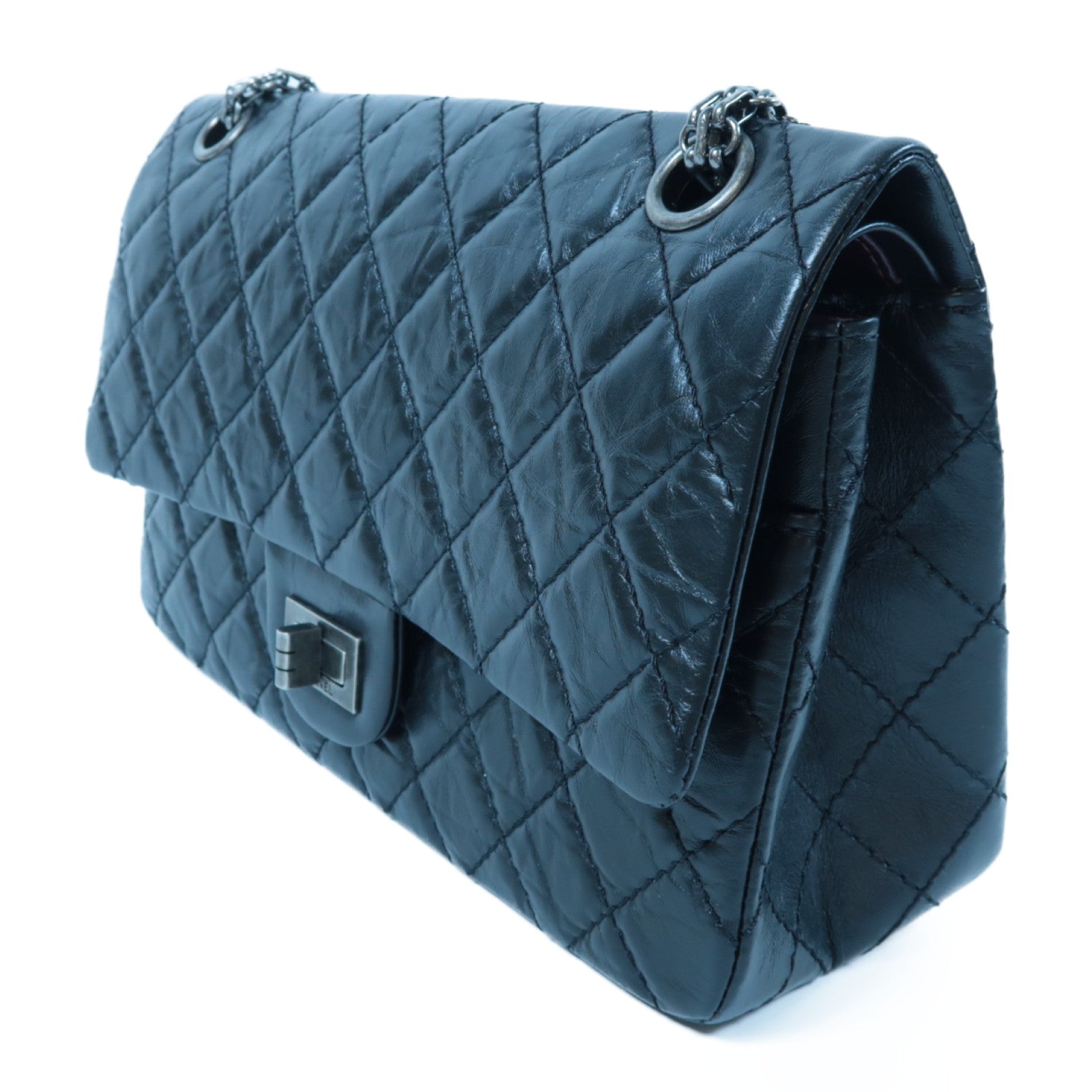 CHANEL 菱格牛皮皮革2.55 24cm銀扣鏈帶肩背袋黑色