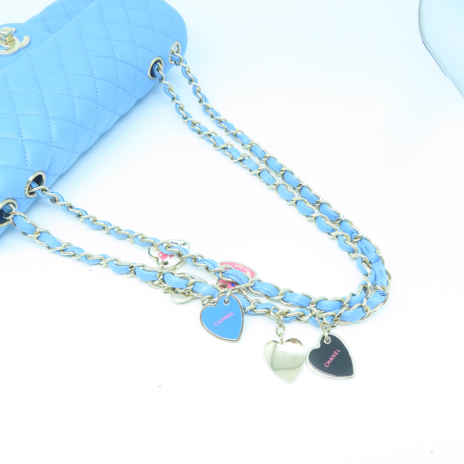 CHANEL 菱格牛皮皮革Chain Shoulder金扣鏈帶肩背袋藍色