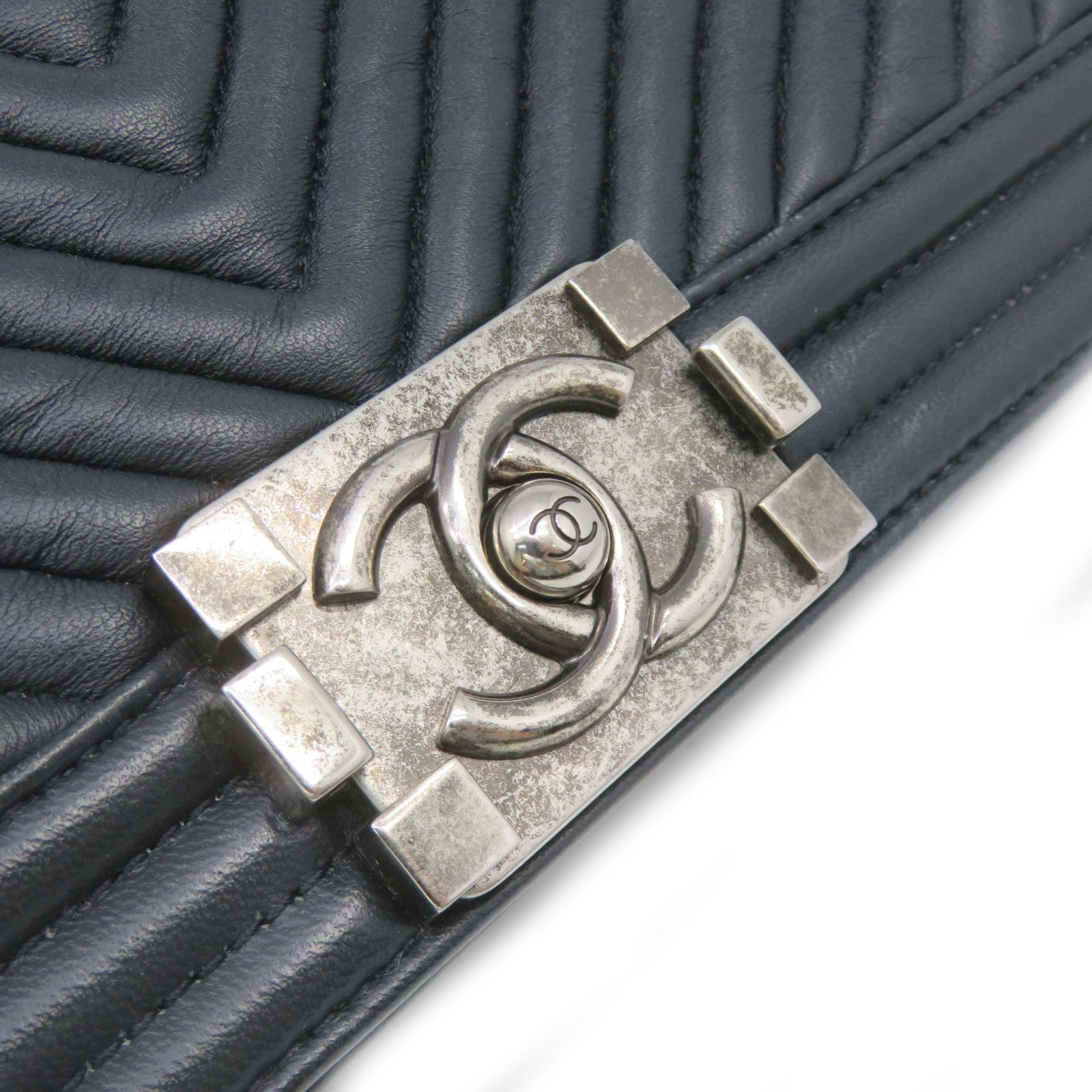 CHANEL 斜紋牛皮皮革Boy Chanel Chain Shoulder Bag銀扣鏈帶肩背袋