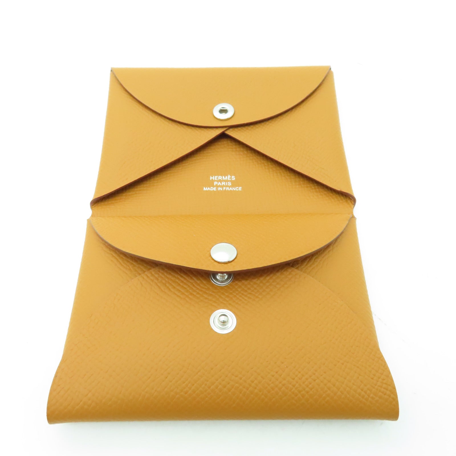 HERMES Epsom皮革Calvi Duo銀扣卡片套經典駝色