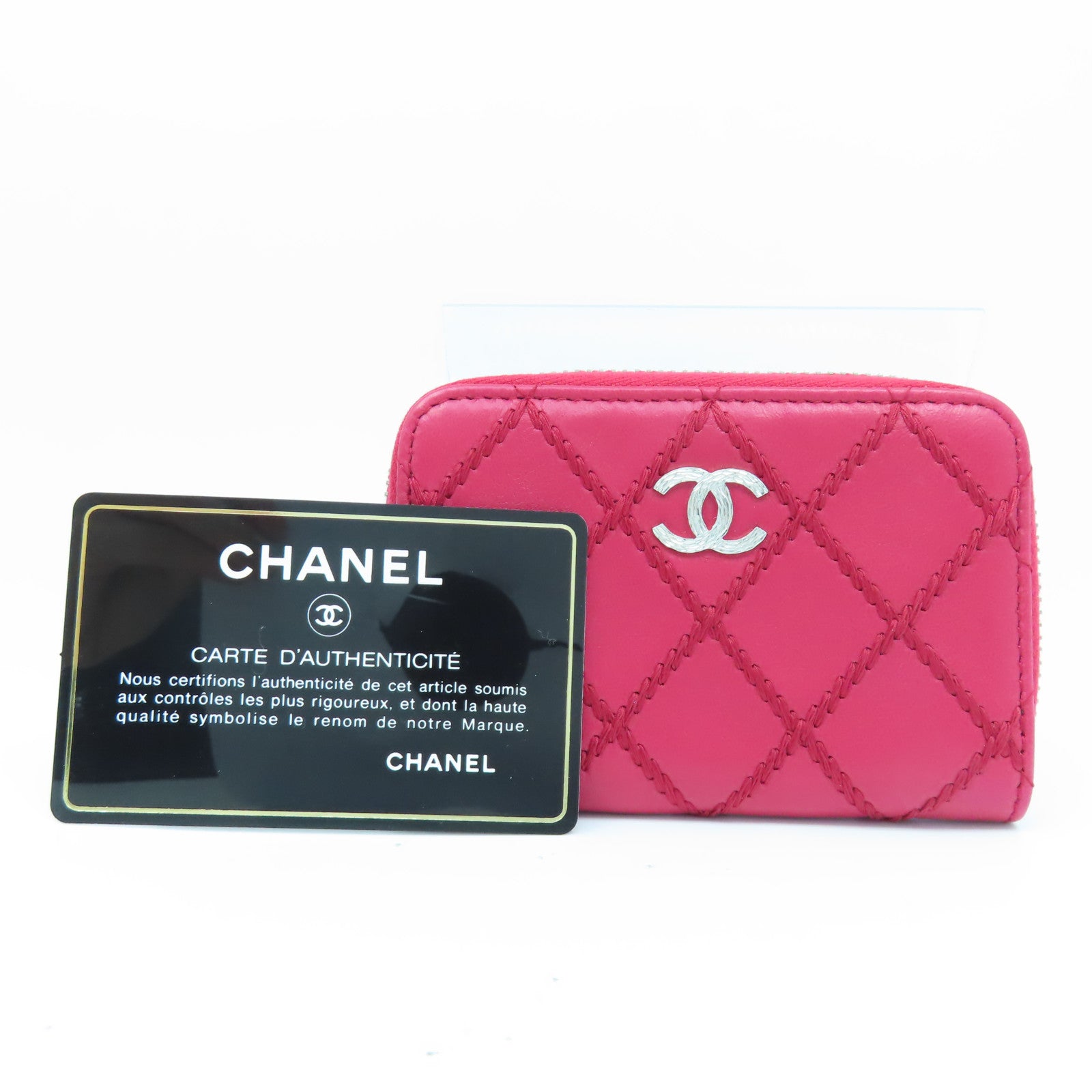 CHANEL 菱格牛皮皮革Card Case銀扣卡片套紅色