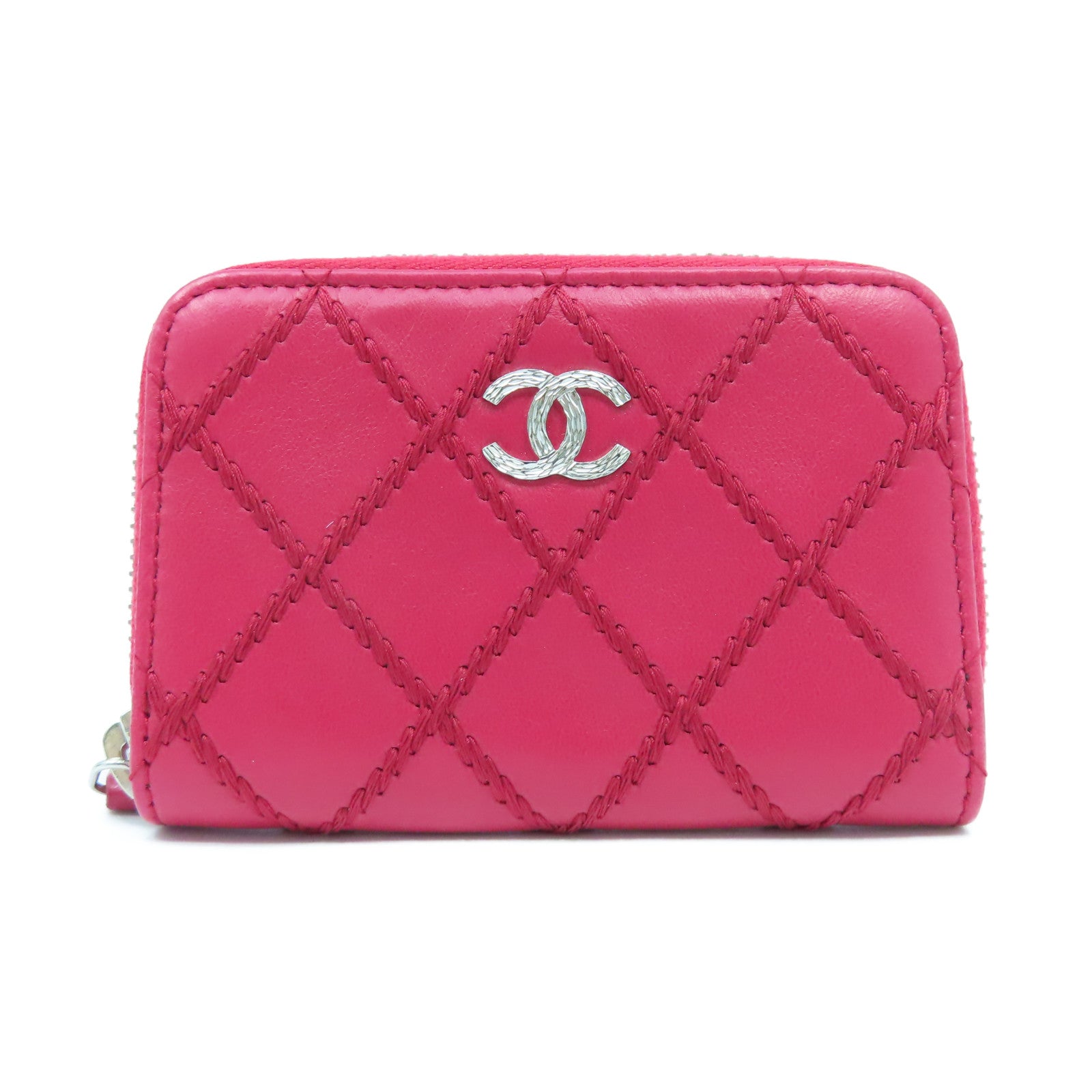 CHANEL 菱格牛皮皮革Card Case銀扣卡片套紅色