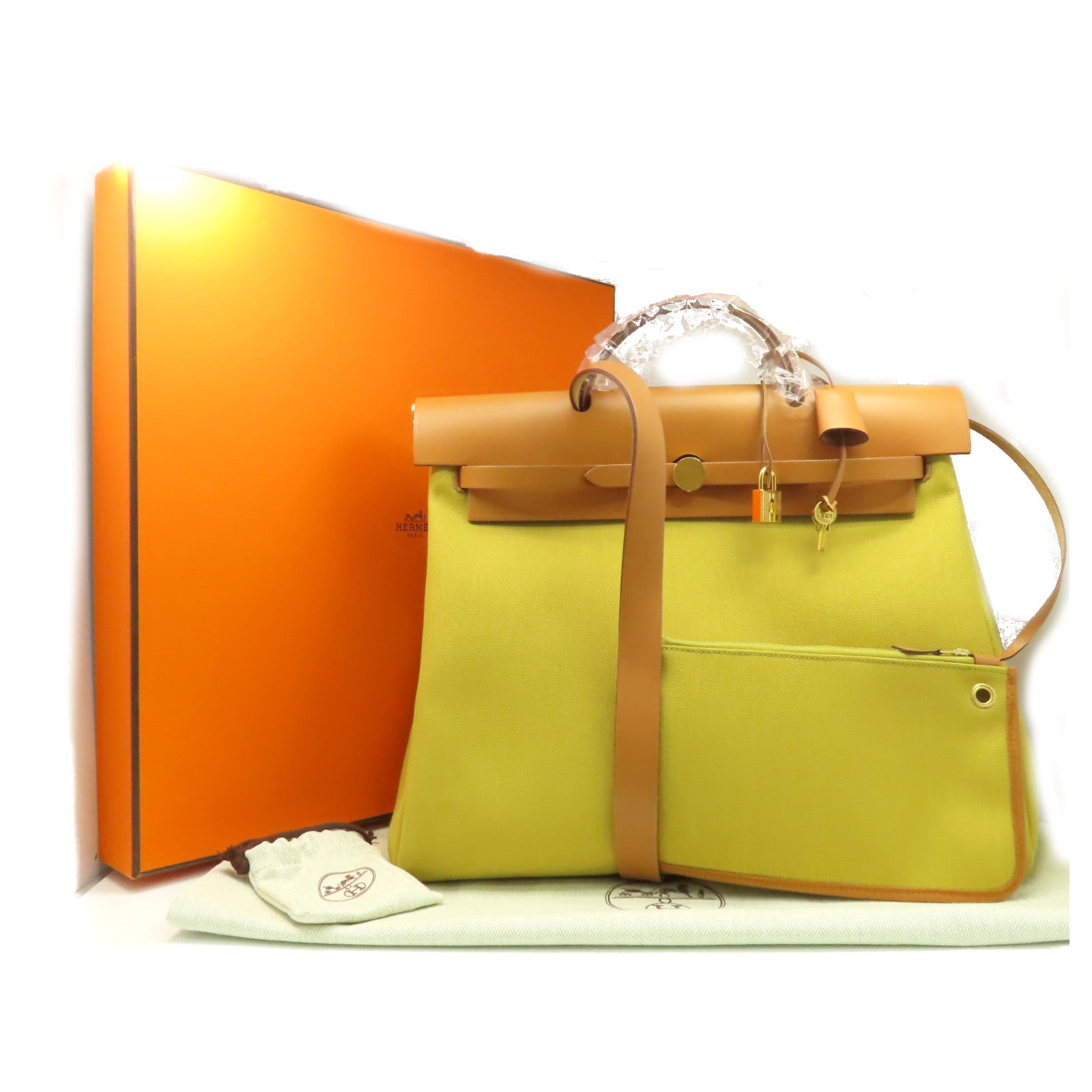 HERMES 帆布Herbag GM 2Way Shoulder Bag金扣手挽肩背兩用袋Jaune Ambre琥珀黃色