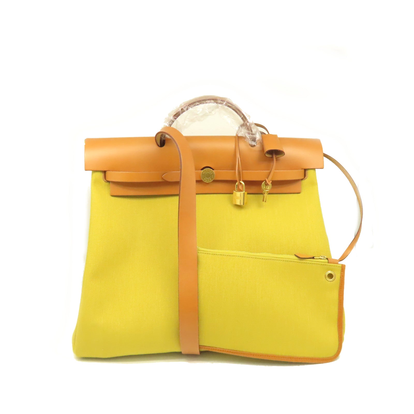 HERMES 帆布Herbag GM 2Way Shoulder Bag金扣手挽肩背兩用袋Jaune Ambre琥珀黃色