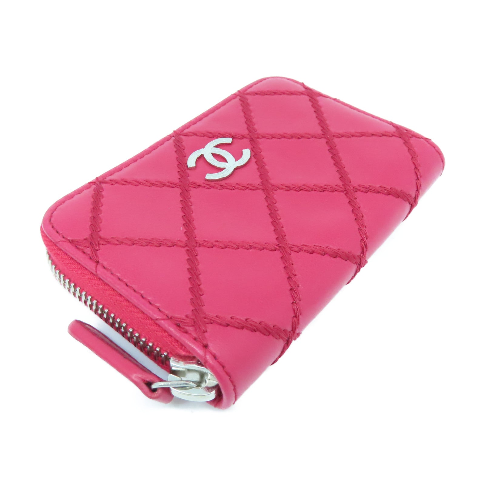 CHANEL 菱格牛皮皮革Card Case銀扣卡片套紅色