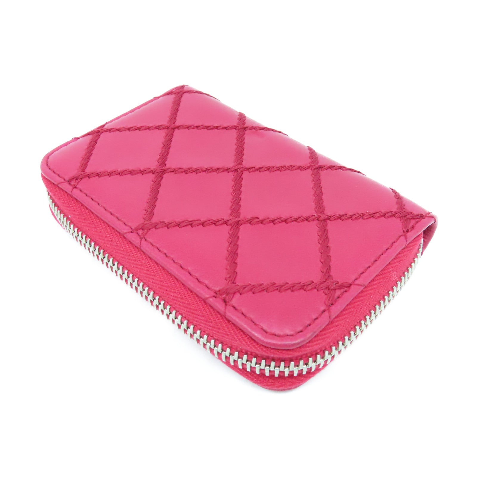 CHANEL 菱格牛皮皮革Card Case銀扣卡片套紅色