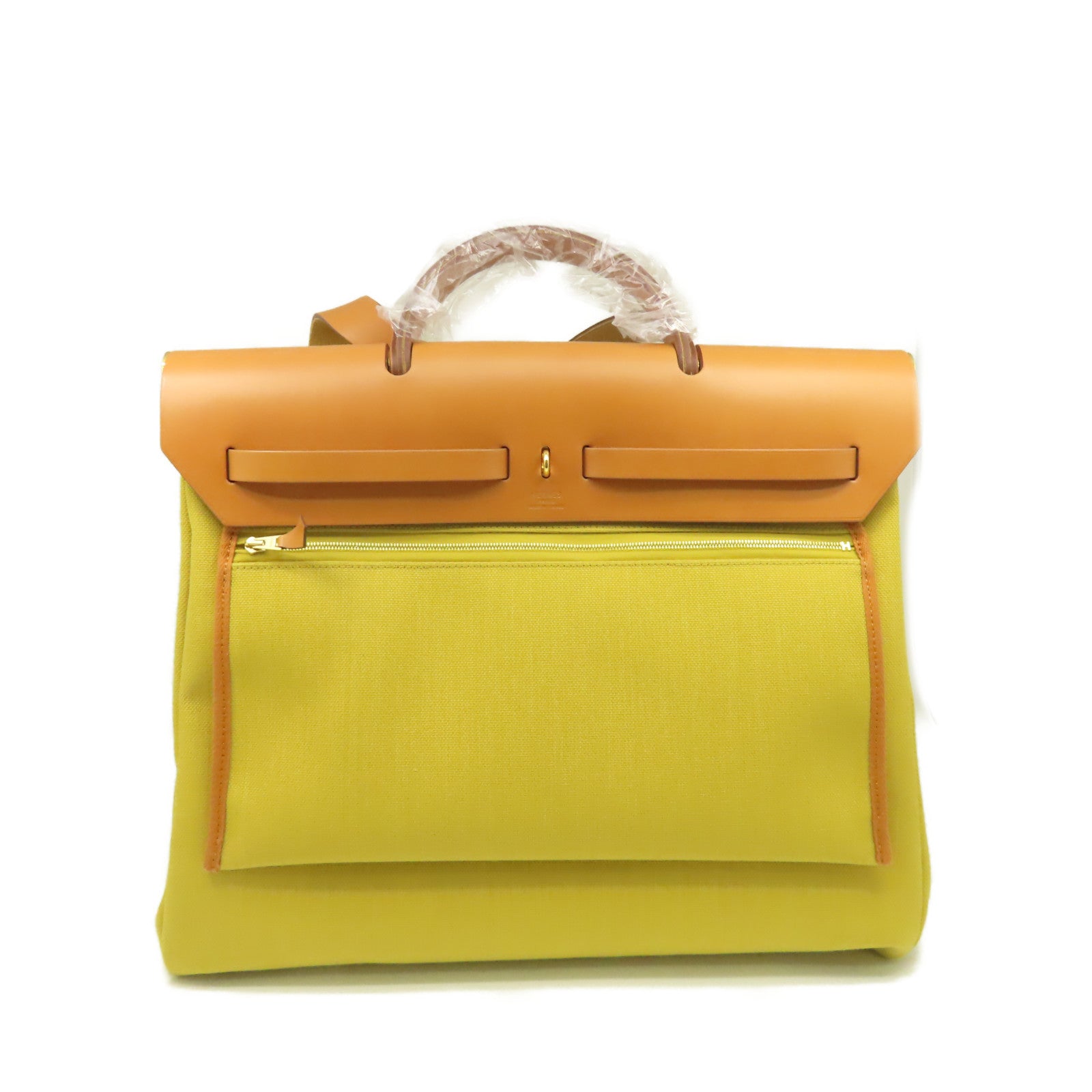 HERMES 帆布Herbag GM 2Way Shoulder Bag金扣手挽肩背兩用袋Jaune Ambre琥珀黃色