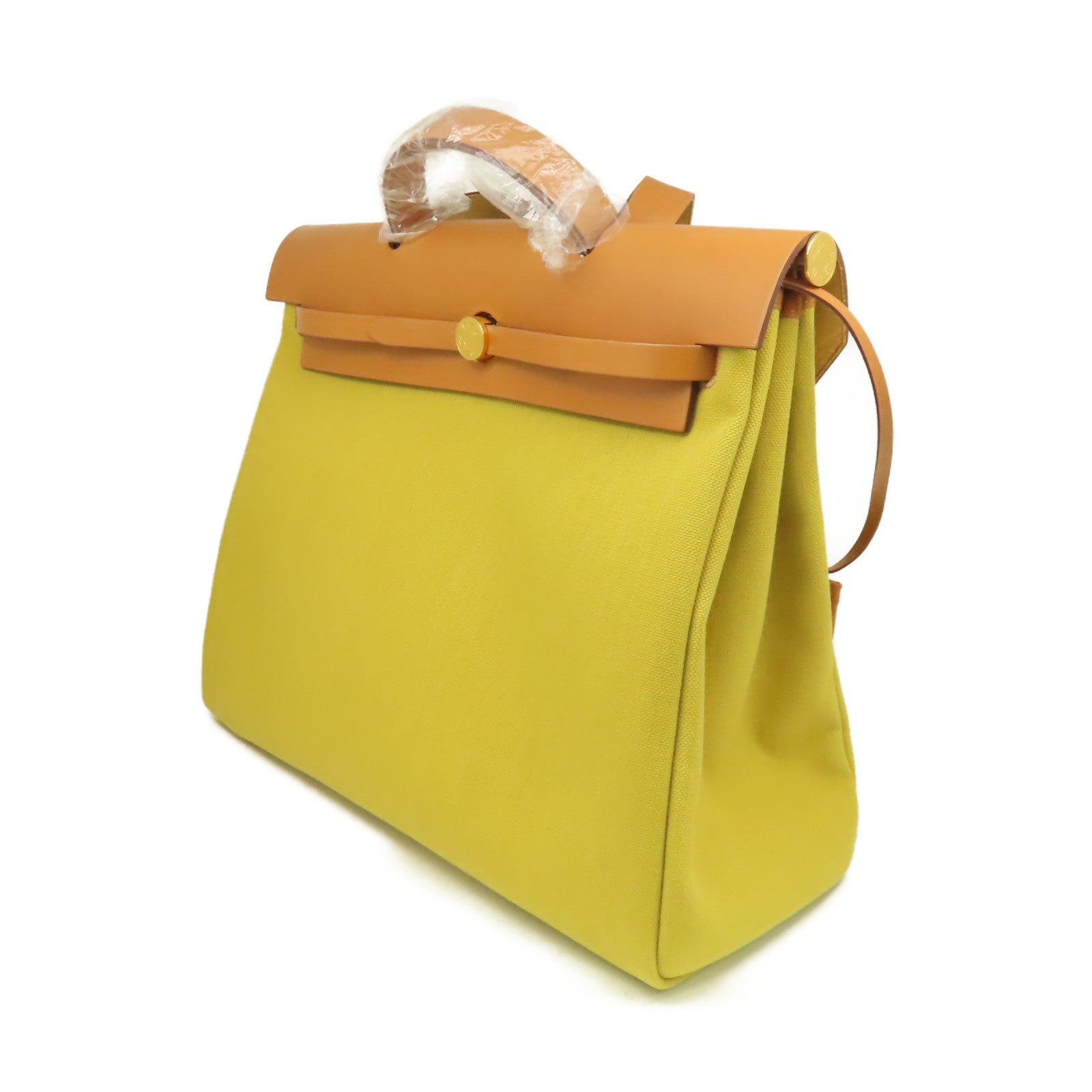 HERMES 帆布Herbag GM 2Way Shoulder Bag金扣手挽肩背兩用袋Jaune Ambre琥珀黃色