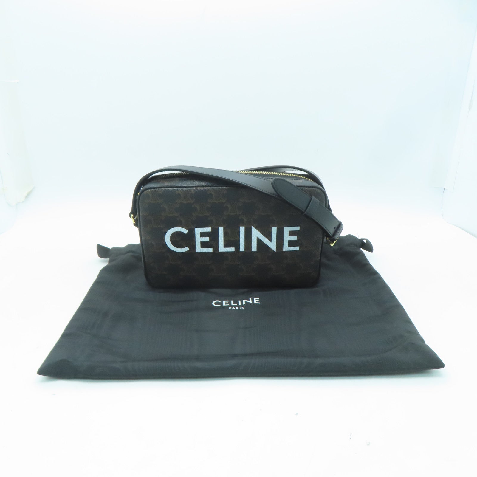 CELINE 塗層帆布Triomphe Medium Messenger Shoulder Bag金扣肩背袋啡色/黑色