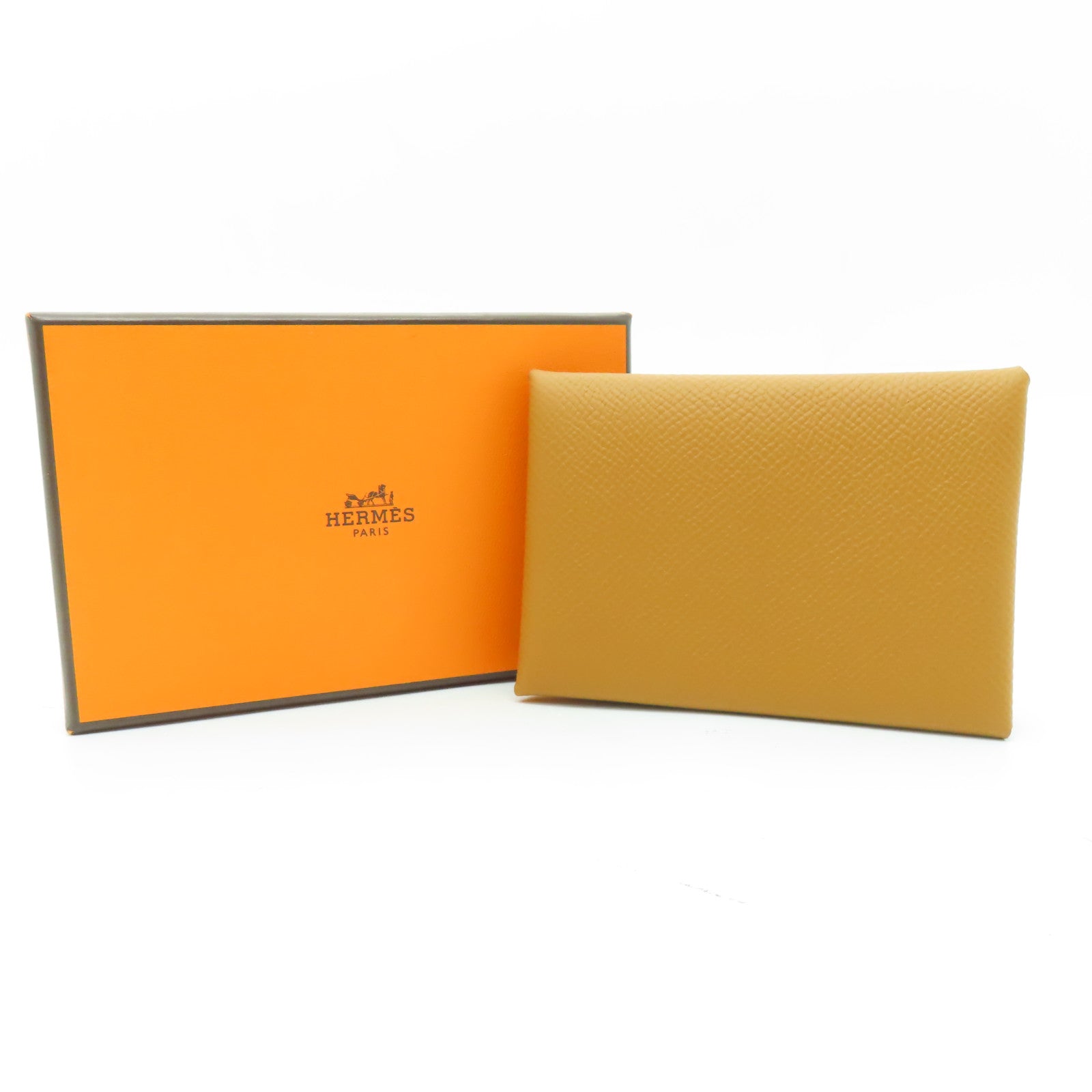 HERMES Epsom皮革Calvi Duo銀扣卡片套經典駝色