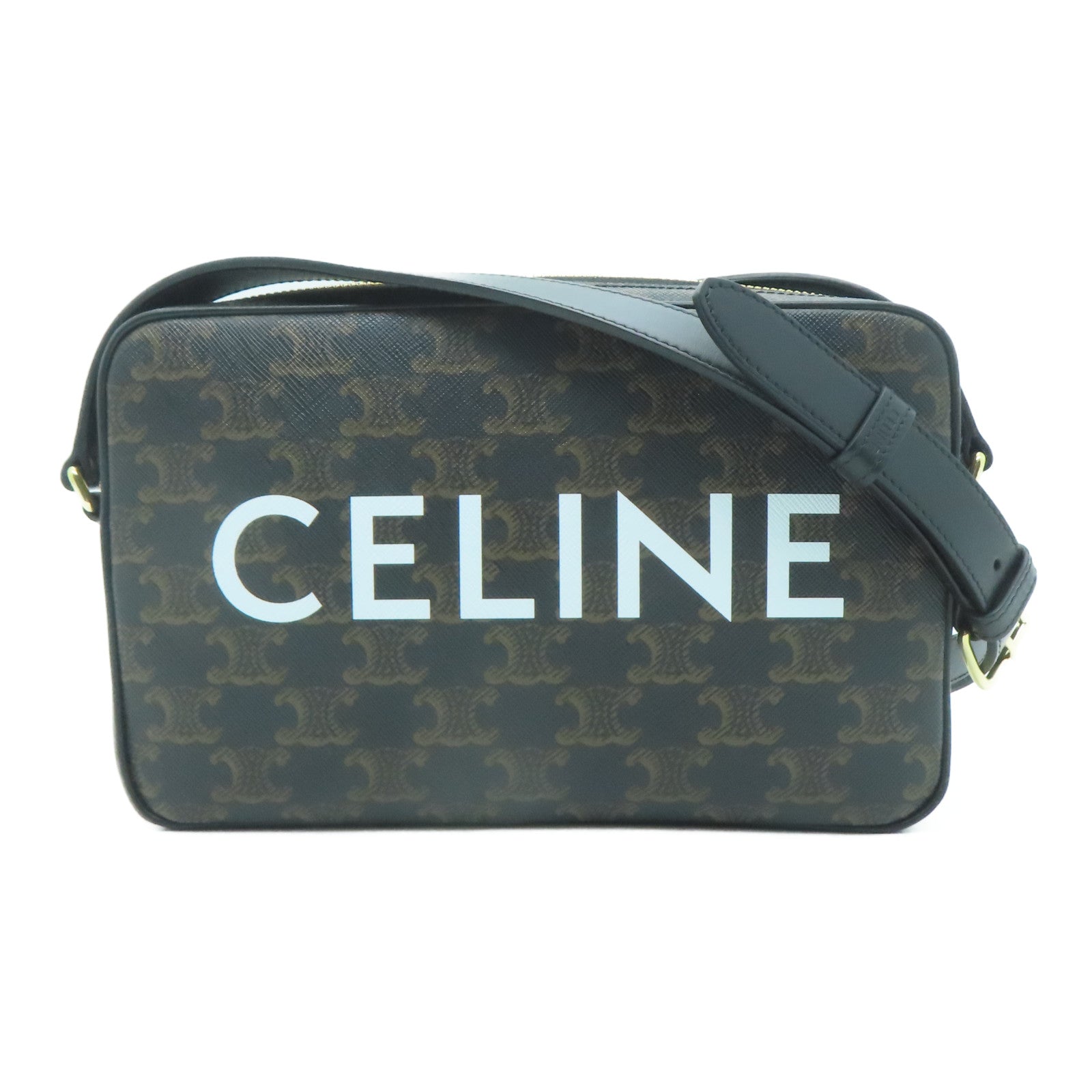 CELINE 塗層帆布Triomphe Medium Messenger Shoulder Bag金扣肩背袋啡色/黑色