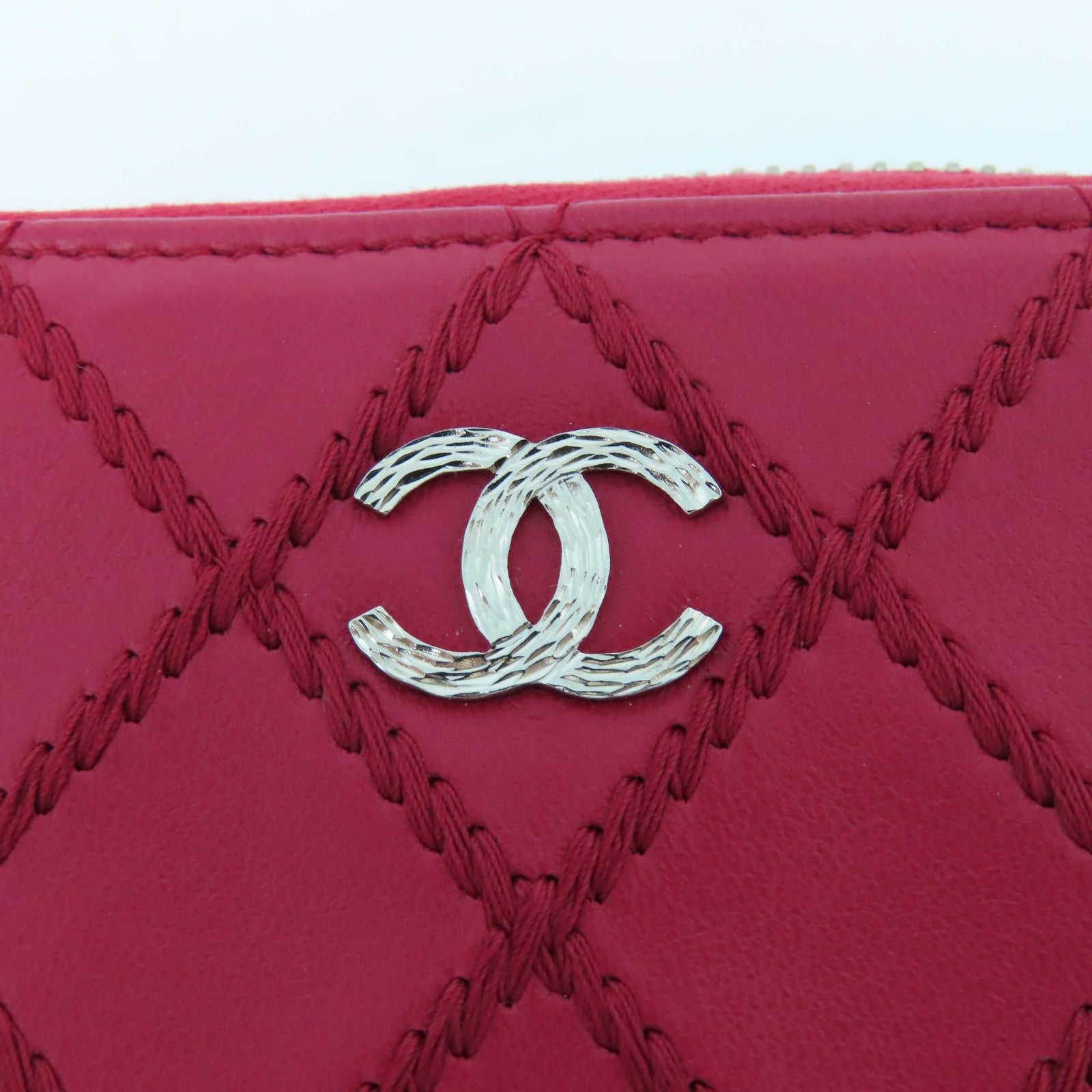 CHANEL 菱格牛皮皮革Card Case銀扣卡片套紅色