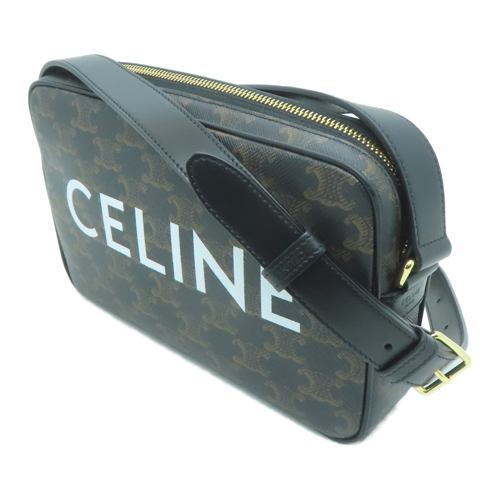 CELINE 塗層帆布Triomphe Medium Messenger Shoulder Bag金扣肩背袋啡色/黑色