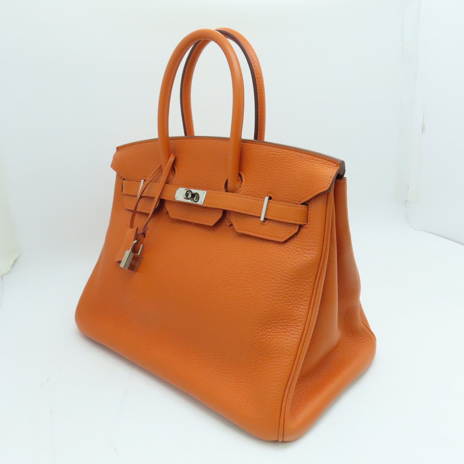 HERMES Clemence皮革Birkin 35手挽袋银扣橙色