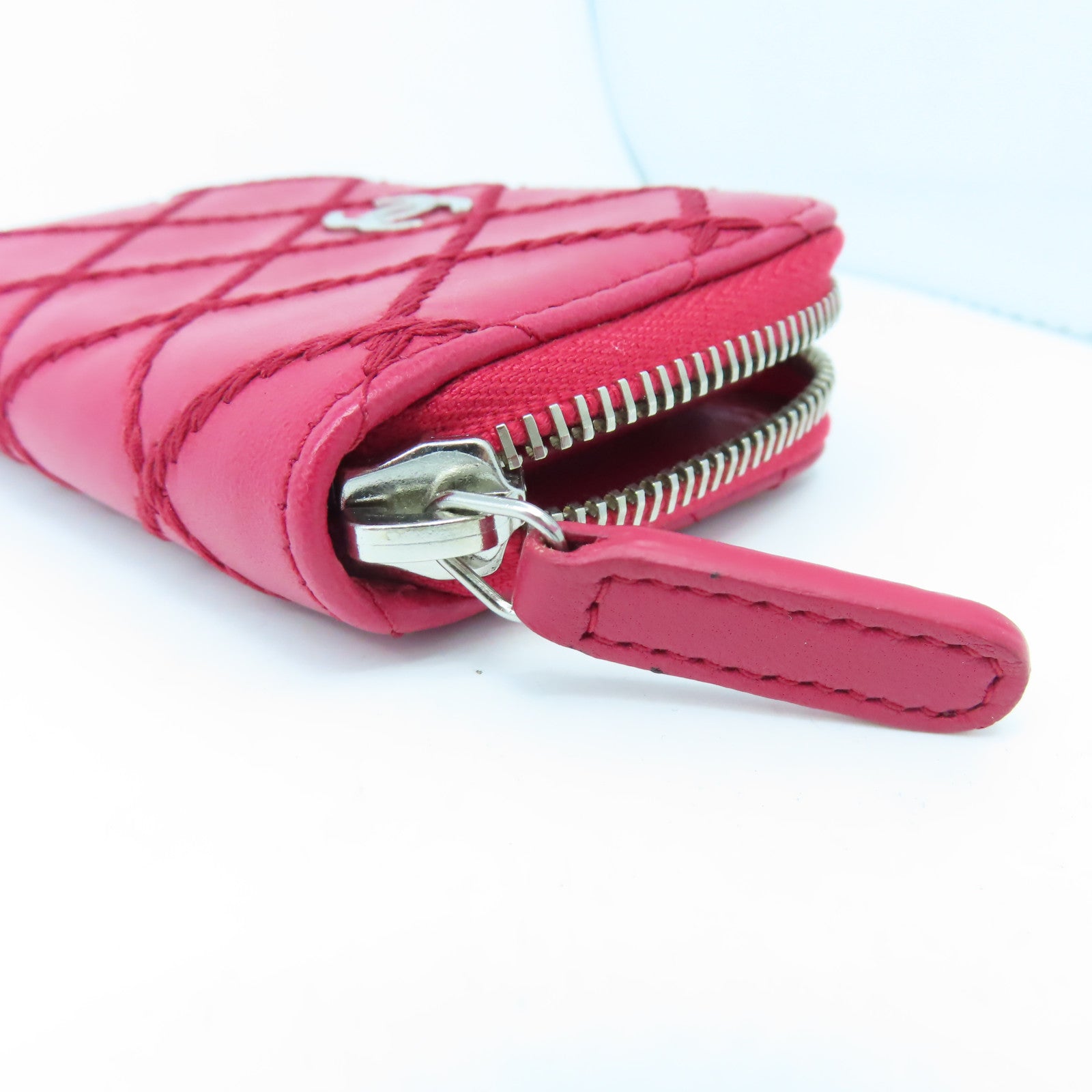 CHANEL 菱格牛皮皮革Card Case銀扣卡片套紅色