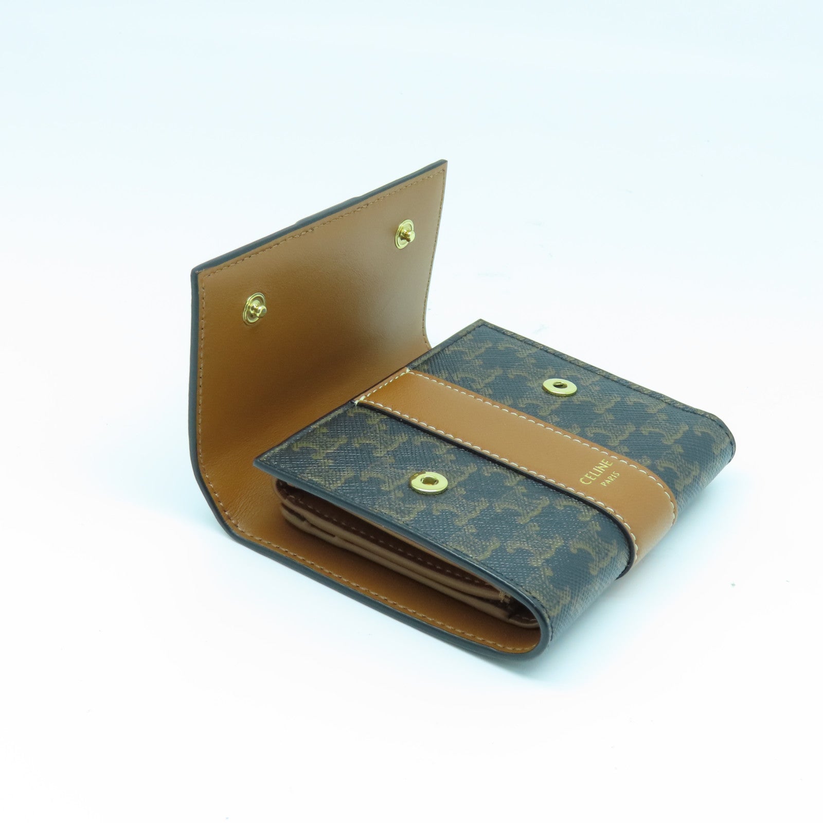 CELINE 牛皮皮革Wallet金扣钱包棕色