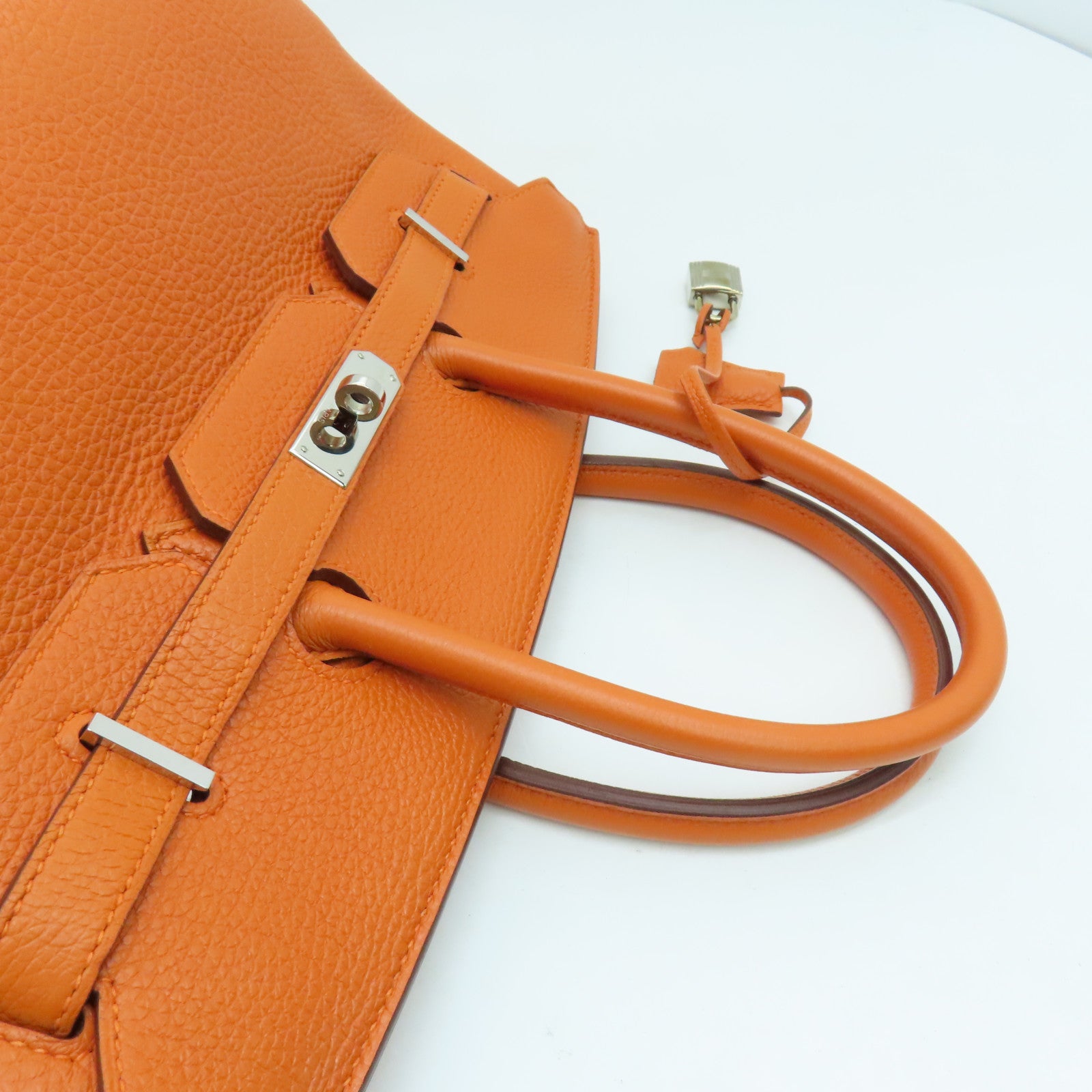 HERMES Clemence皮革Birkin 35手挽袋银扣橙色