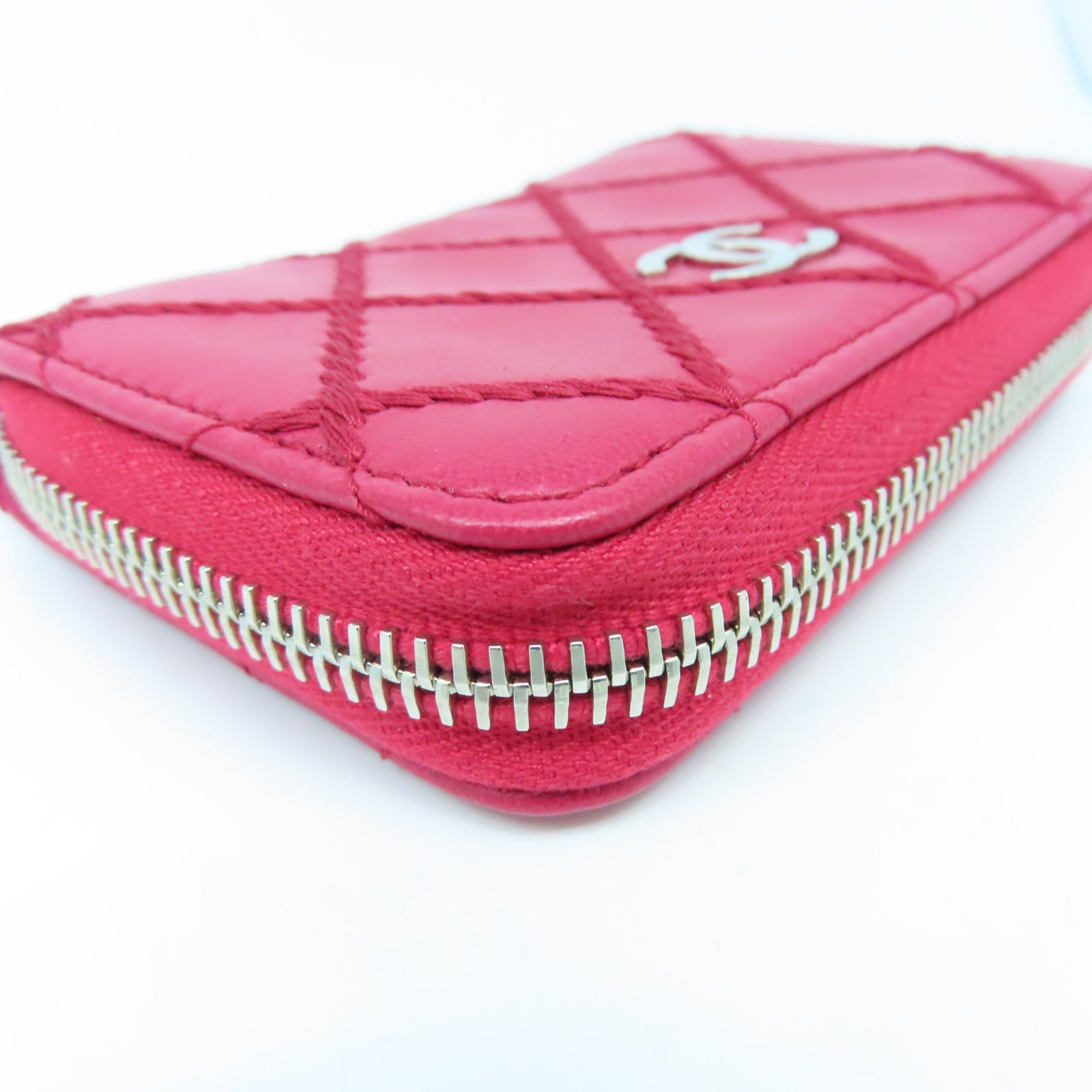 CHANEL 菱格牛皮皮革Card Case銀扣卡片套紅色