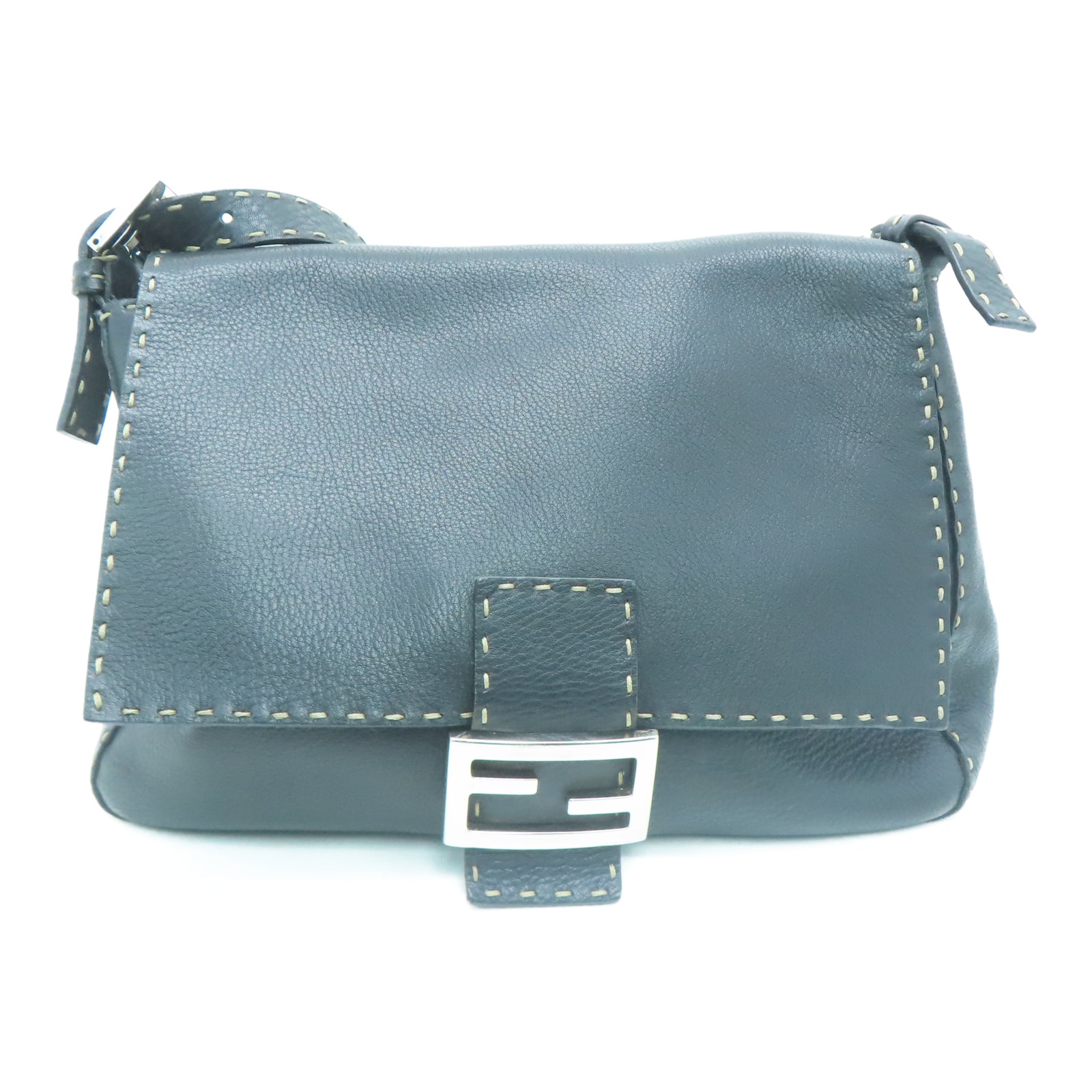 FENDI Cowhide Leather Tote Bag Silver Buckle Shoulder Bag Black