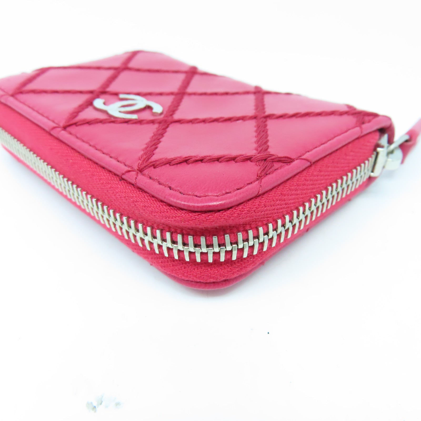CHANEL 菱格牛皮皮革Card Case銀扣卡片套紅色