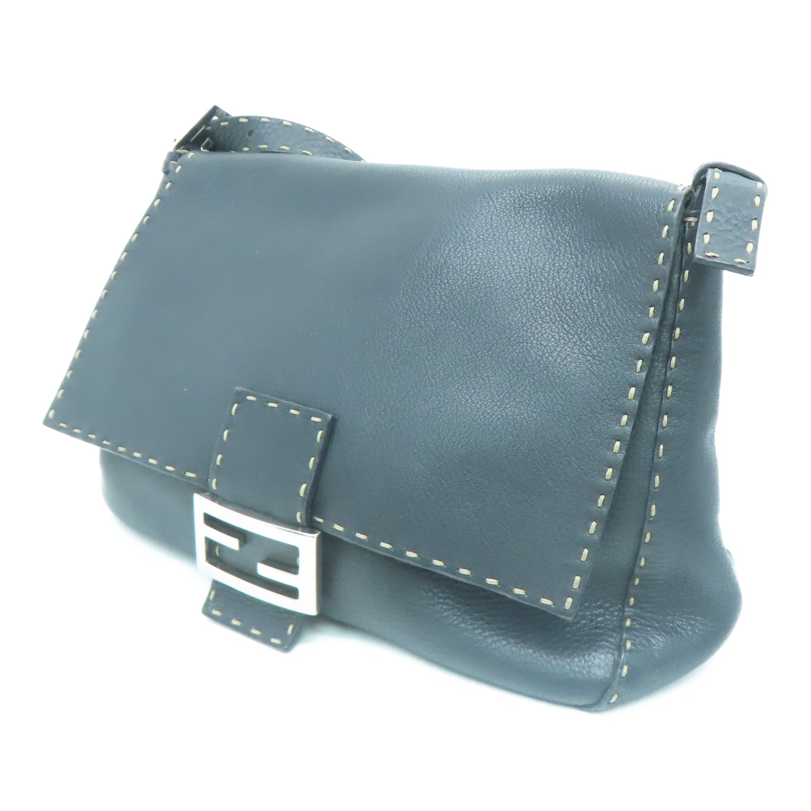FENDI Cowhide Leather Tote Bag Silver Buckle Shoulder Bag Black