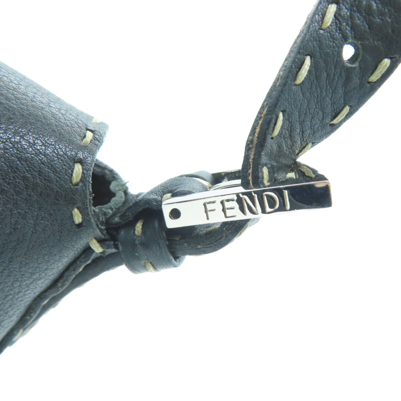 FENDI Cowhide Leather Tote Bag Silver Buckle Shoulder Bag Black