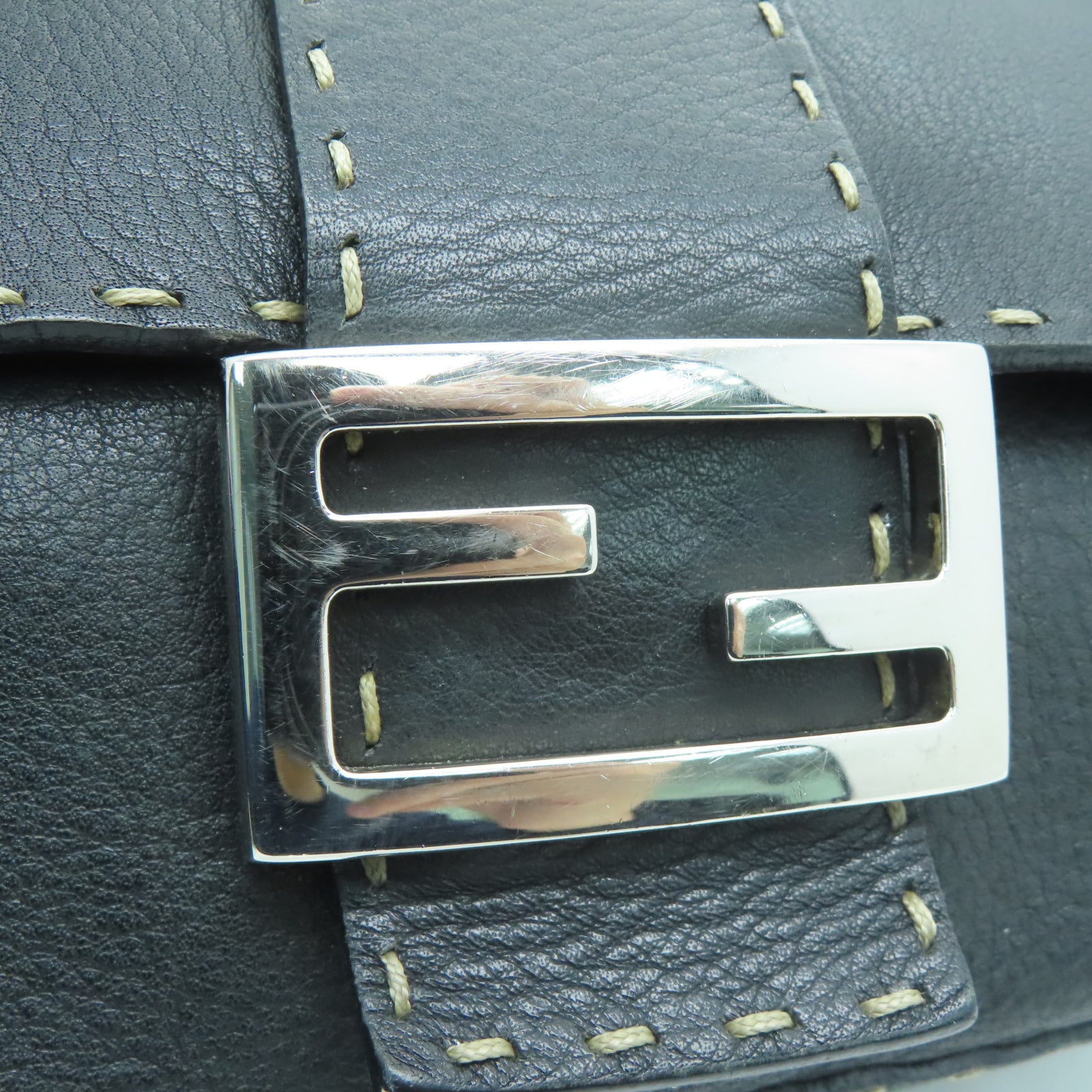 FENDI Cowhide Leather Tote Bag Silver Buckle Shoulder Bag Black
