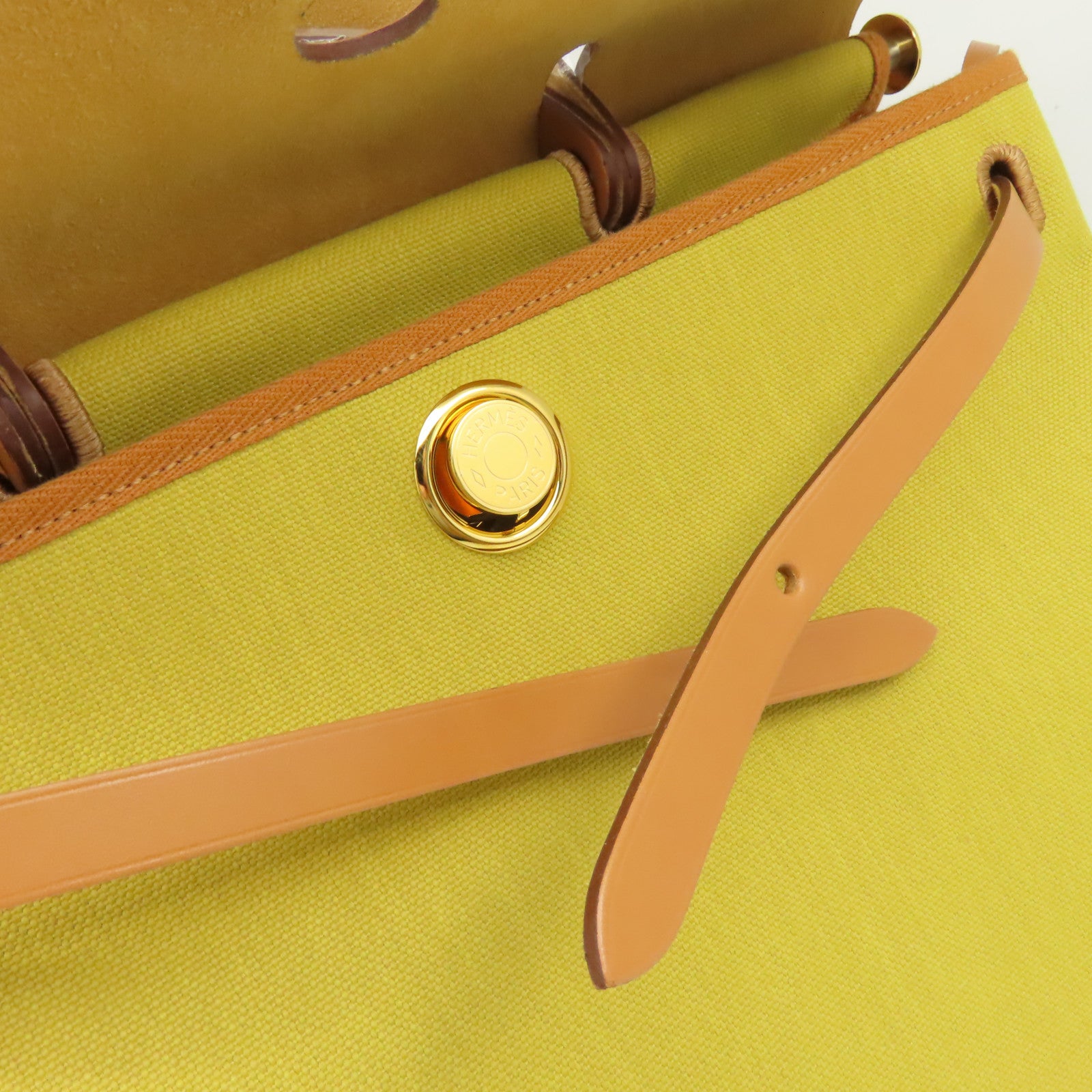 HERMES 帆布Herbag GM 2Way Shoulder Bag金扣手挽肩背兩用袋Jaune Ambre琥珀黃色