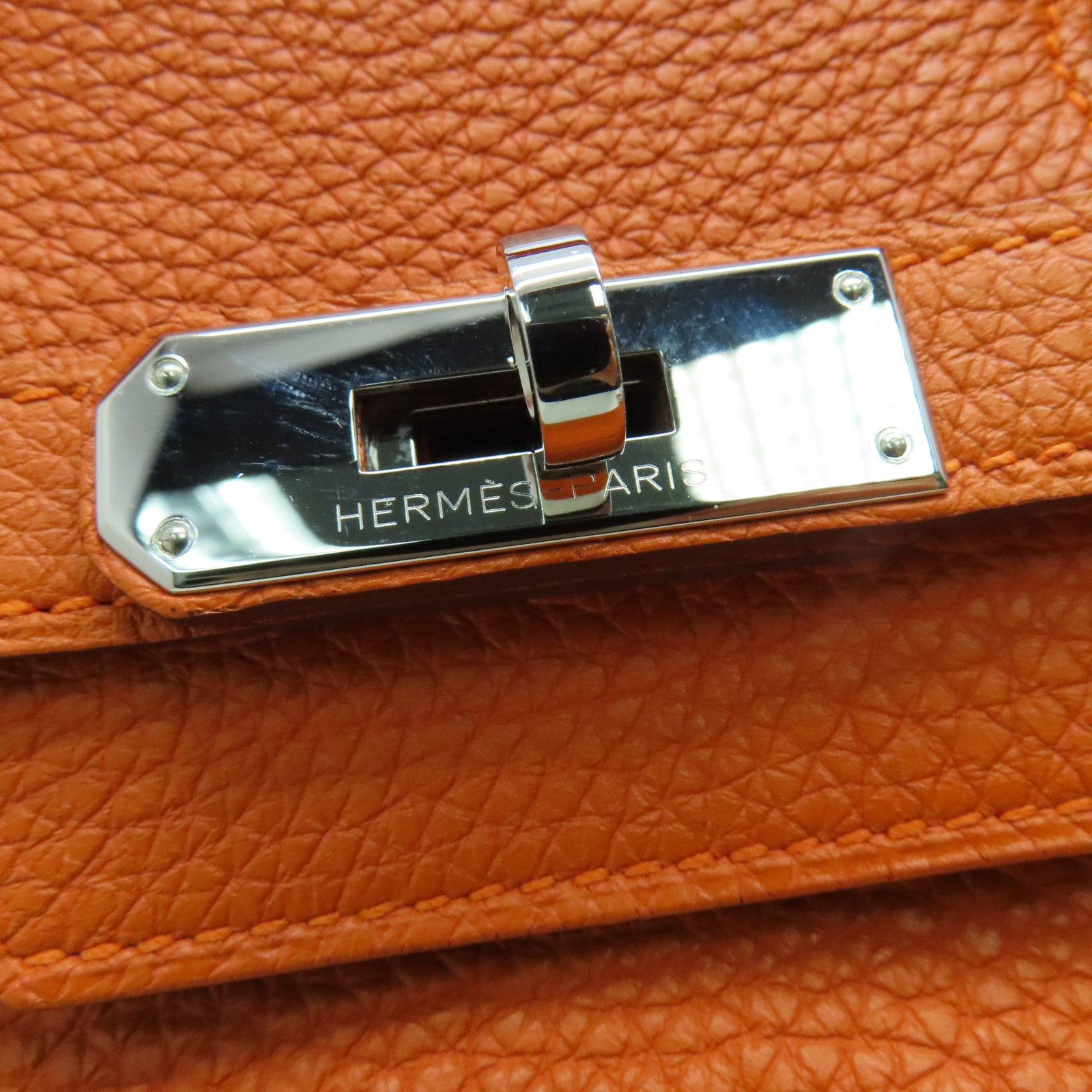 HERMES Clemence皮革Birkin 35手挽袋银扣橙色