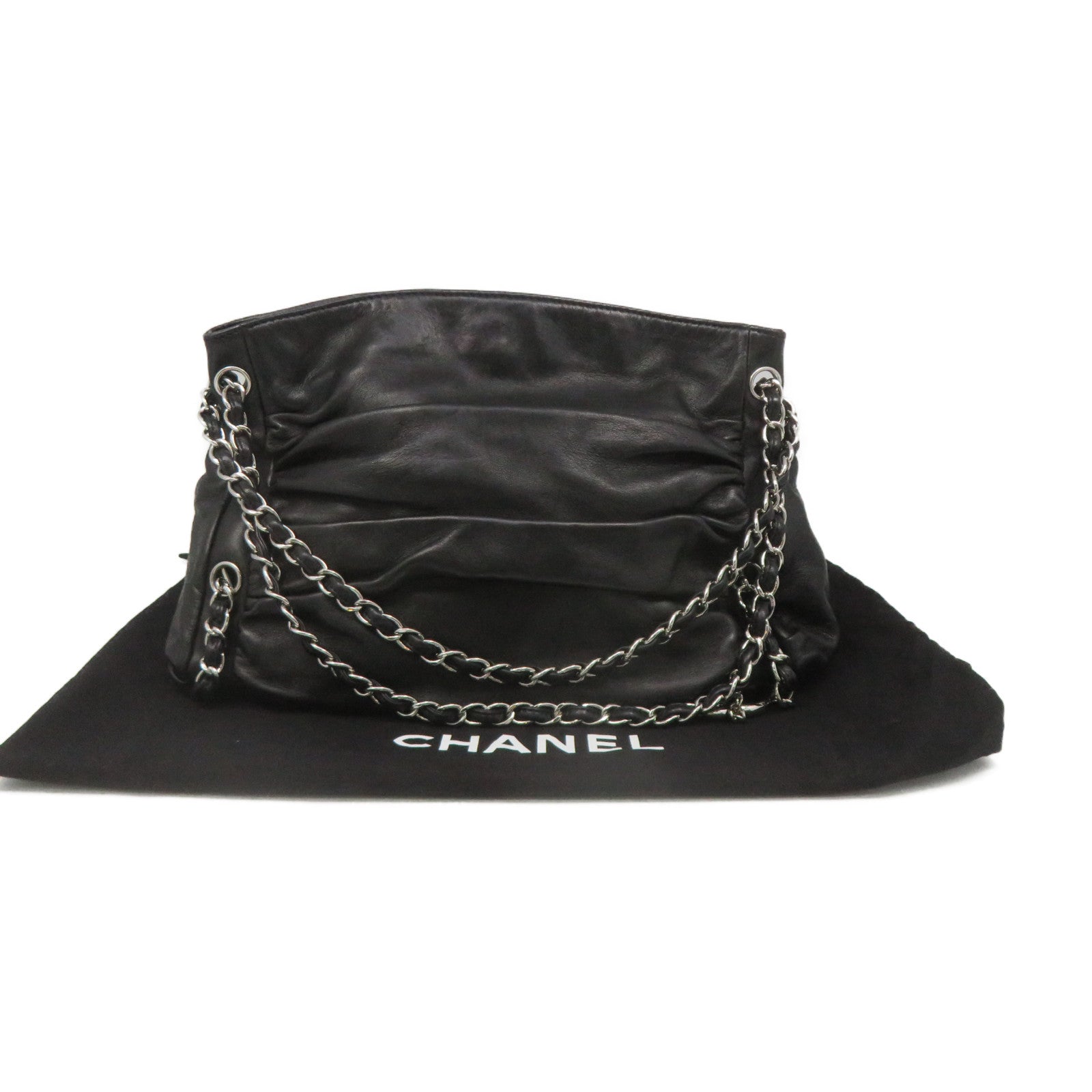 CHANEL 牛皮皮革Shoulder Bag银扣链带肩背袋黑色