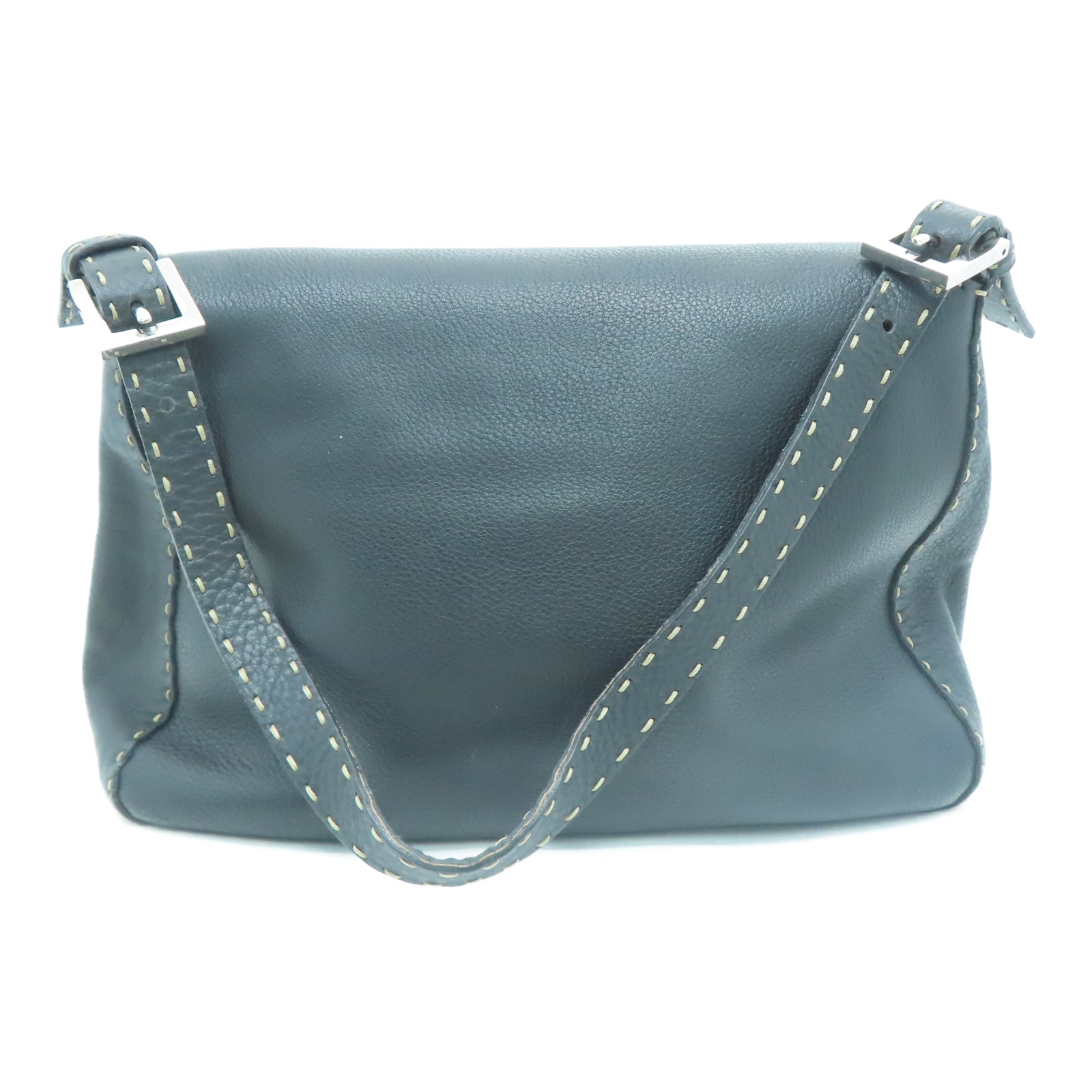 FENDI Cowhide Leather Tote Bag Silver Buckle Shoulder Bag Black