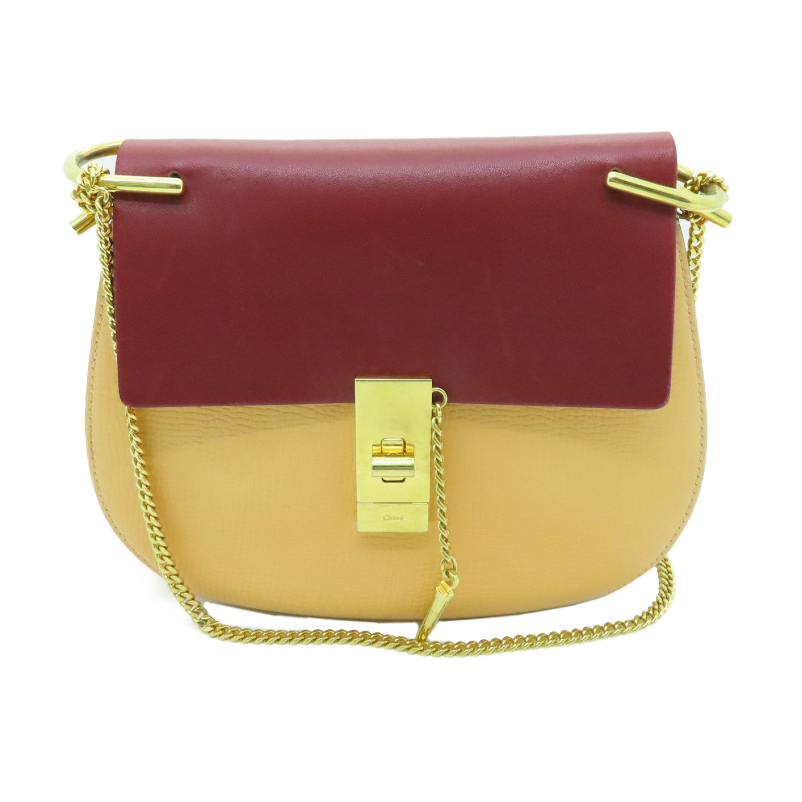 Chloe Leather DREW Gold Buckle Chain Shoulder Bag Apricot/Red