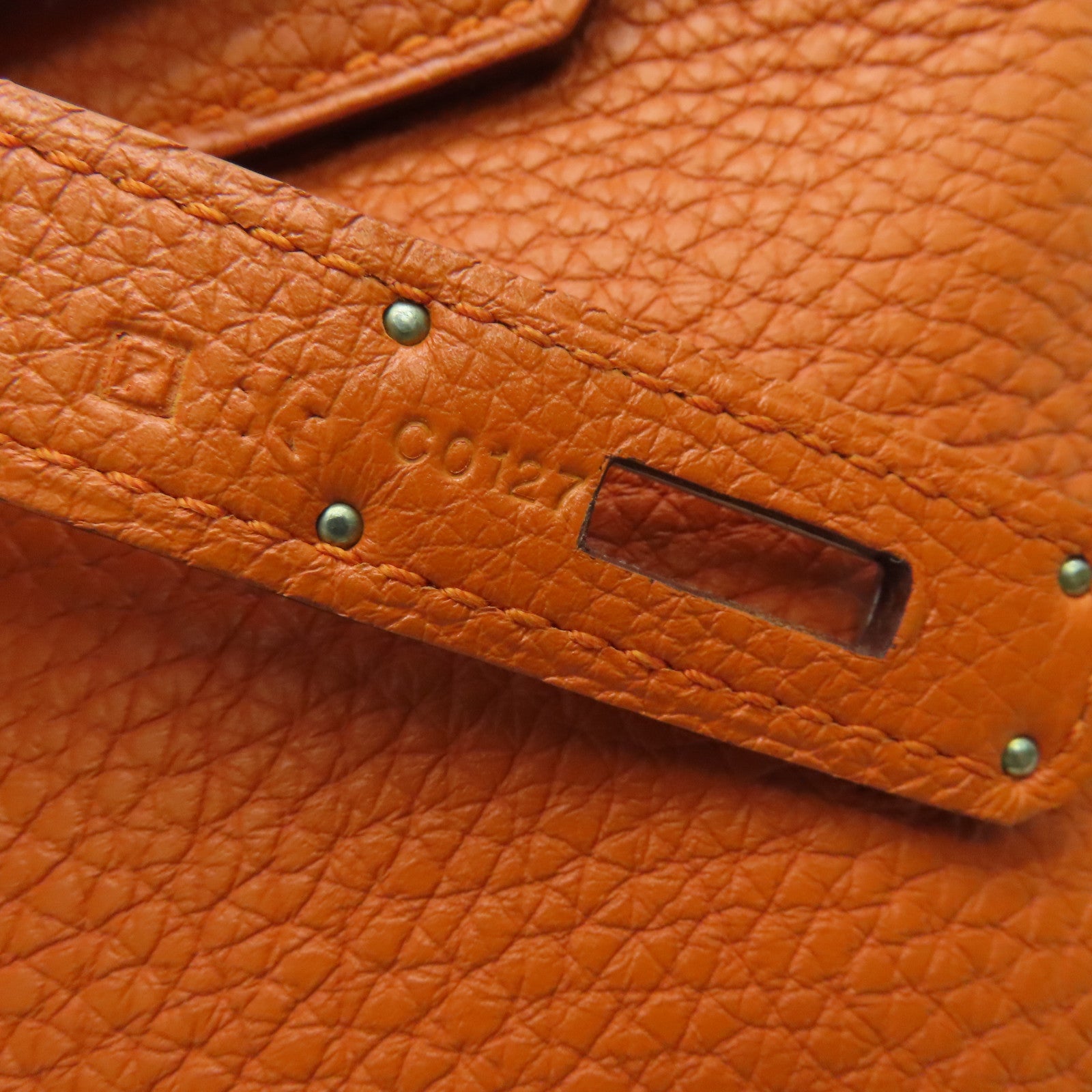 HERMES Clemence皮革Birkin 35手挽袋银扣橙色