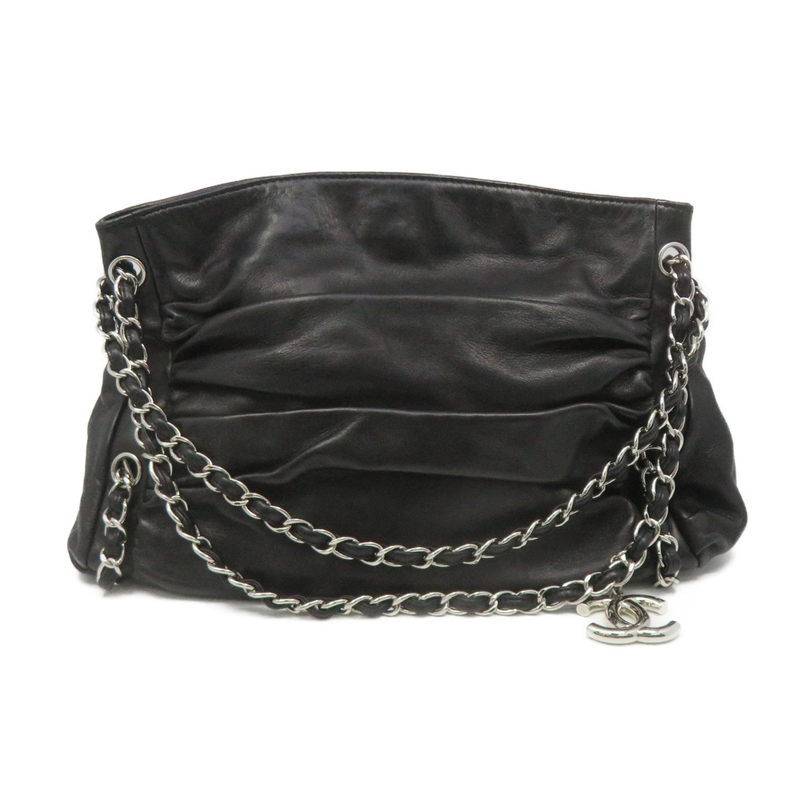 CHANEL 牛皮皮革Shoulder Bag银扣链带肩背袋黑色