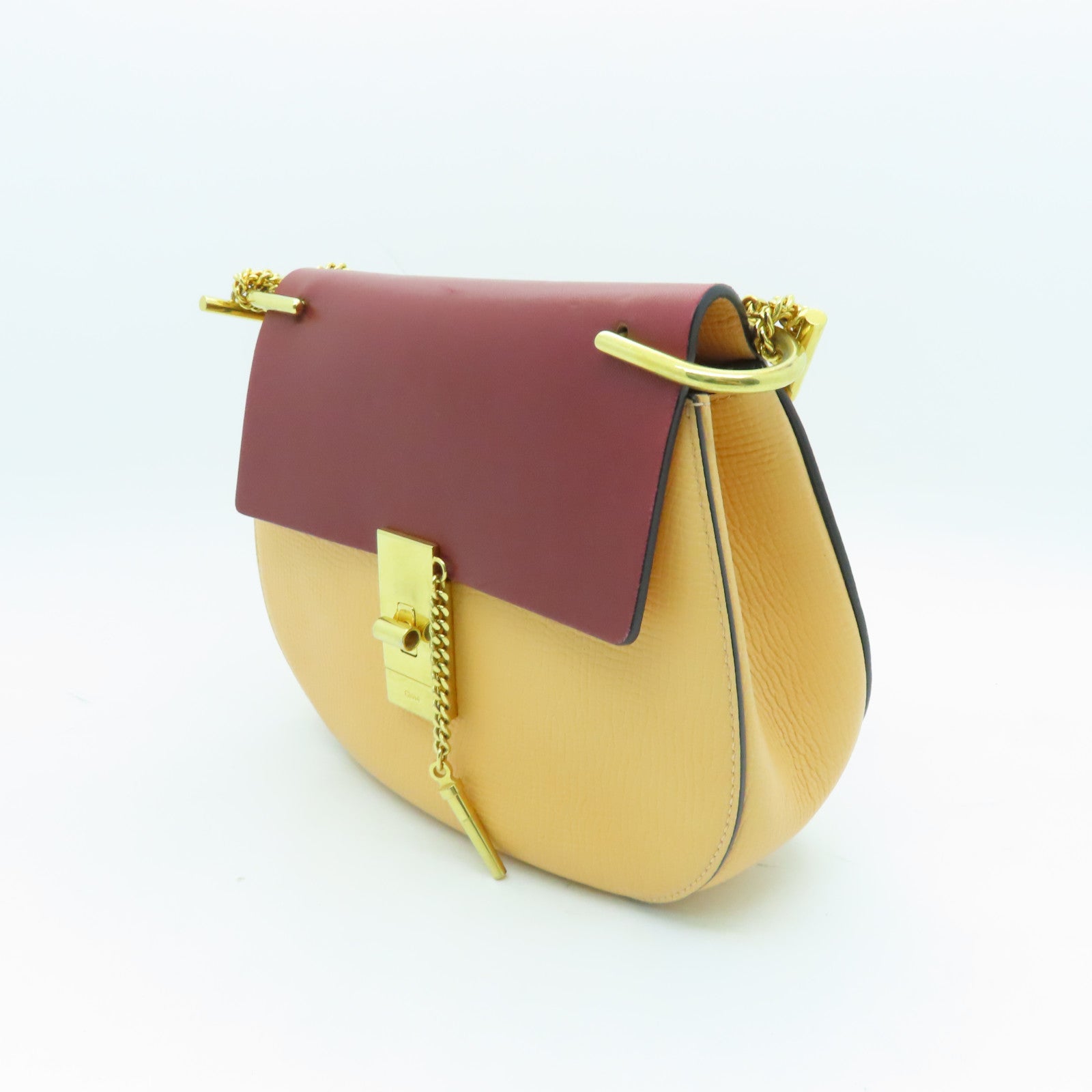 Chloe Leather DREW Gold Buckle Chain Shoulder Bag Apricot/Red