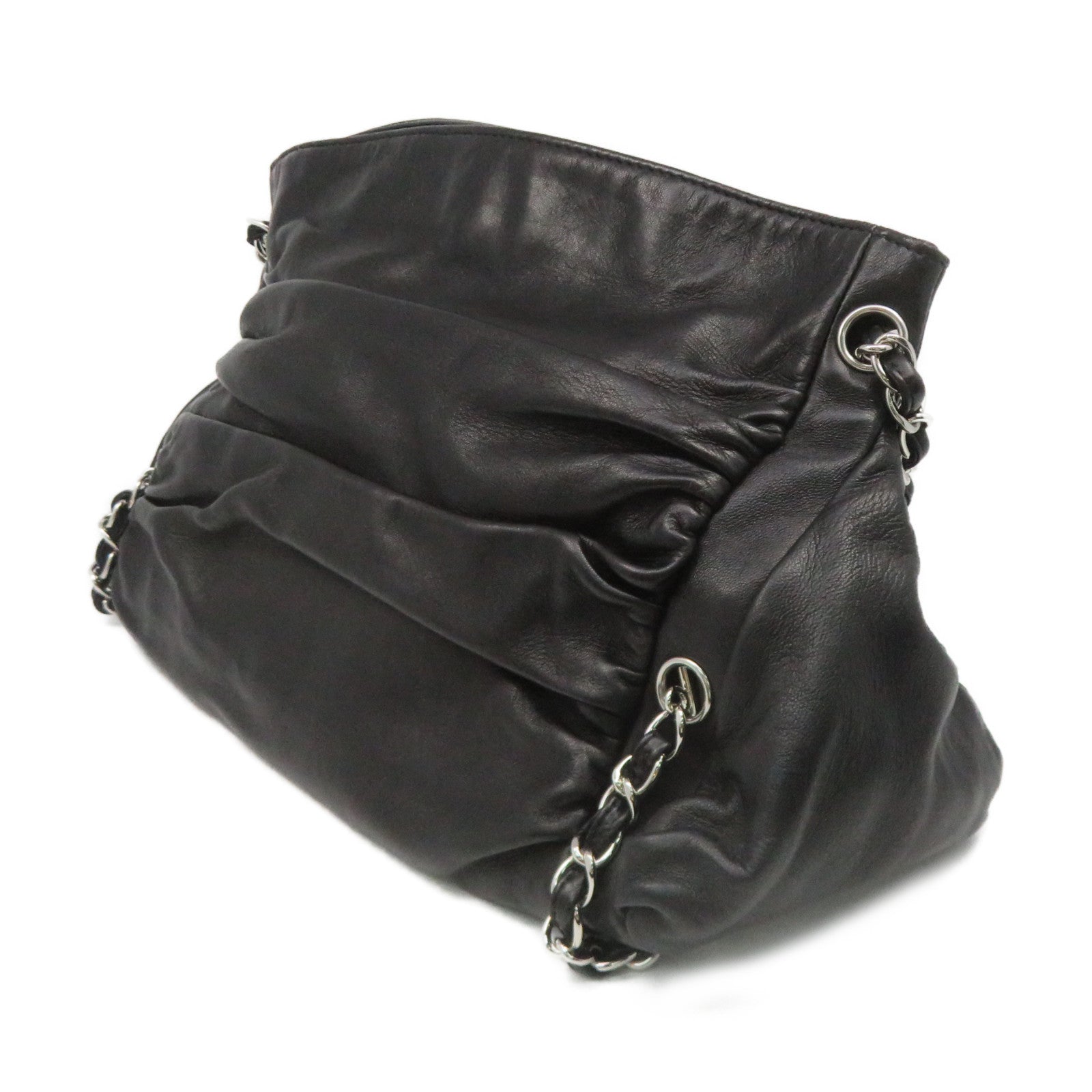 CHANEL 牛皮皮革Shoulder Bag银扣链带肩背袋黑色