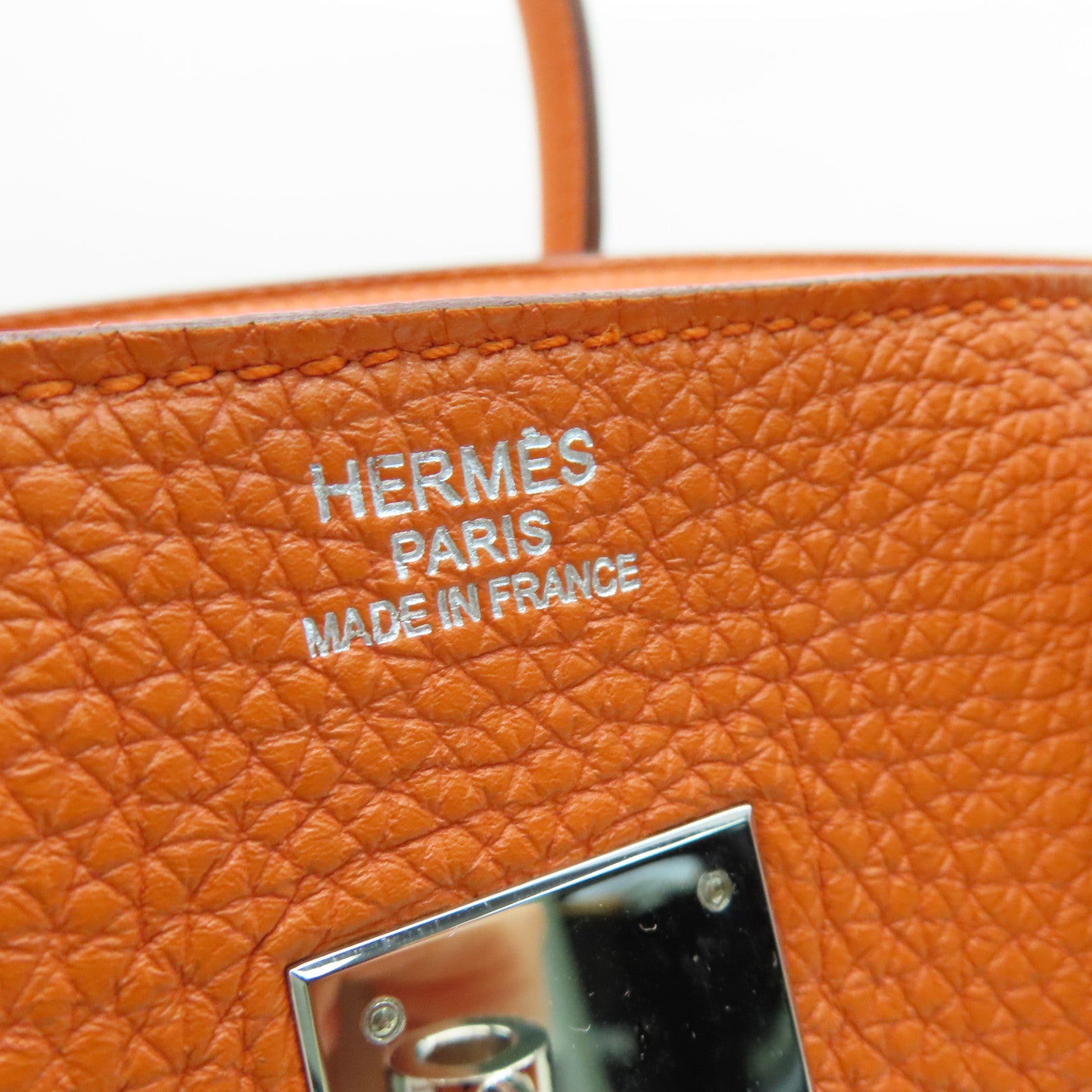 HERMES Clemence皮革Birkin 35手挽袋银扣橙色