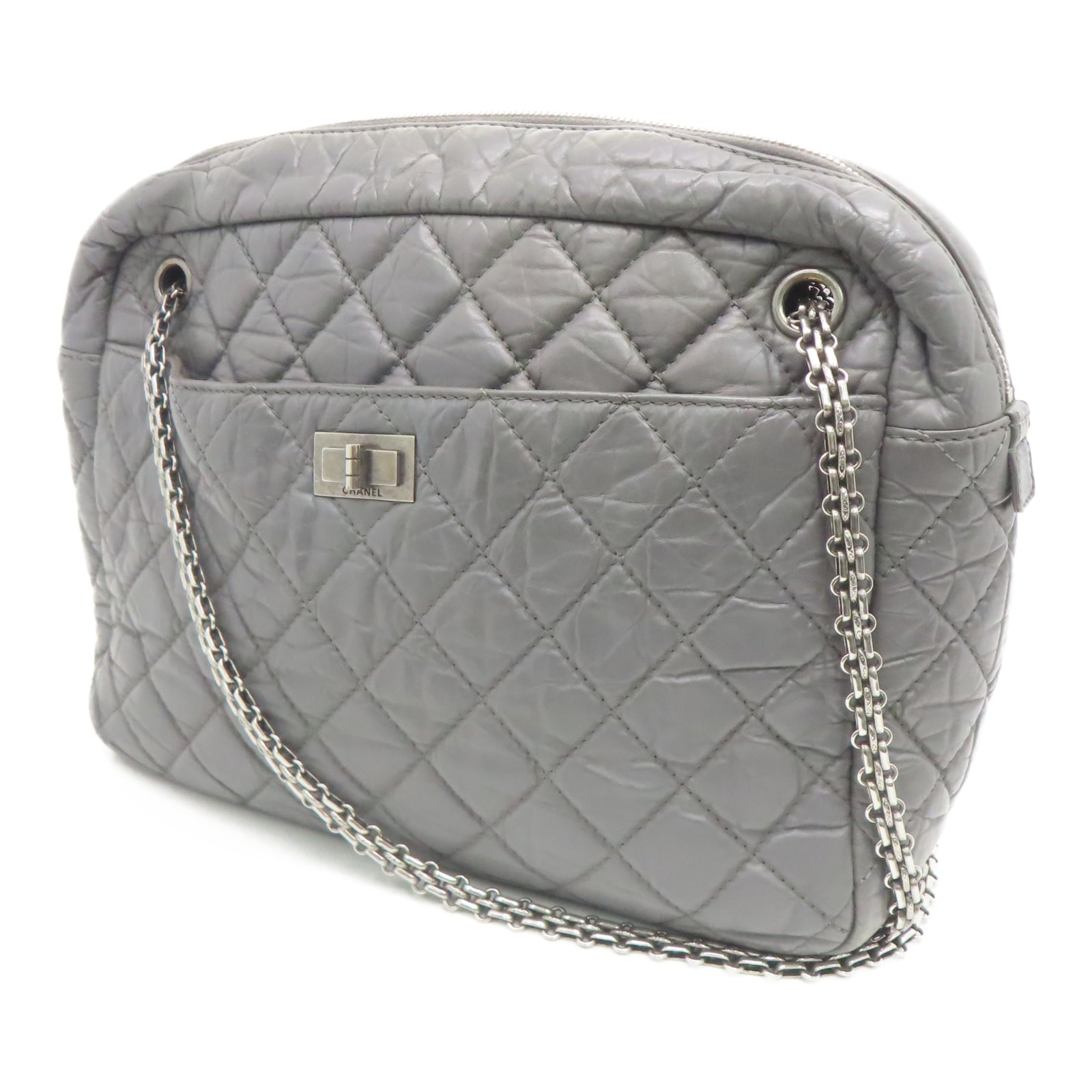 CHANEL 菱格牛皮皮革2.55Chain Shoulder銀扣鏈帶肩背袋灰色