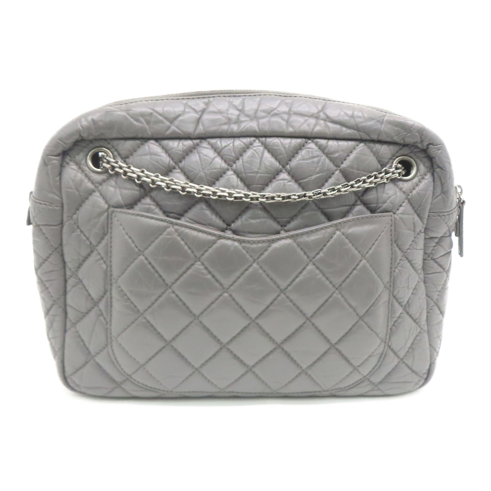 CHANEL 菱格牛皮皮革2.55Chain Shoulder銀扣鏈帶肩背袋灰色