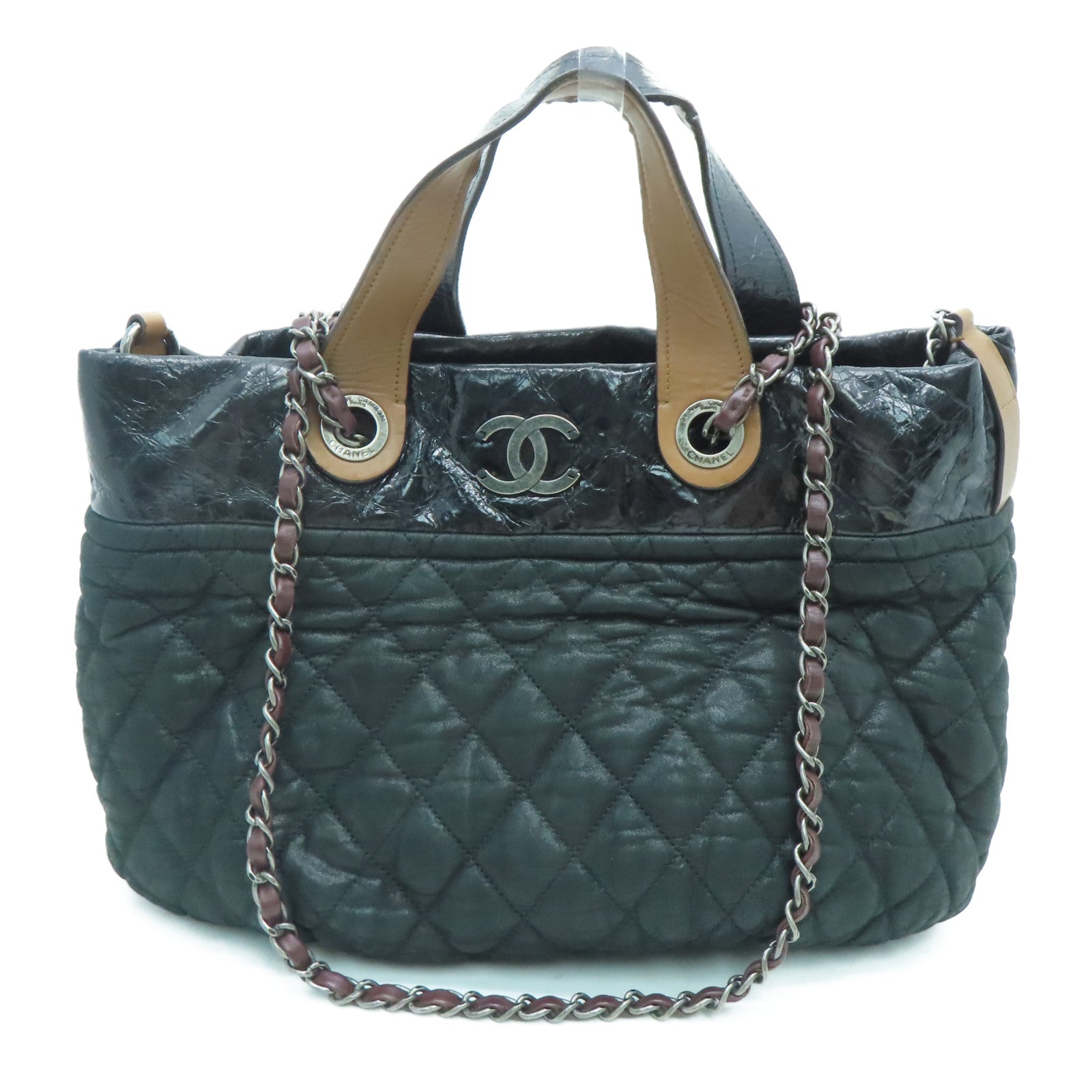 CHANEL 菱格牛皮皮革Shoulder Bag银扣链带肩背袋黑色