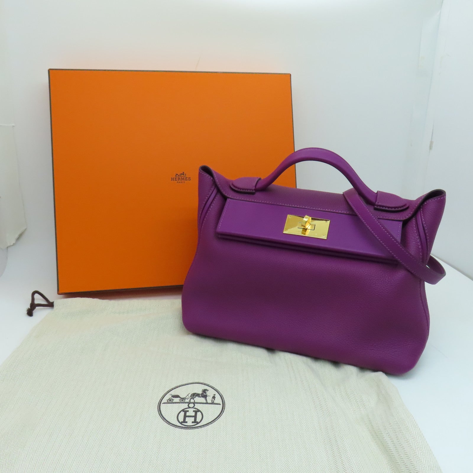 HERMES Evercolor皮革24/24 - 29cm手挽肩背两用袋金扣紫色