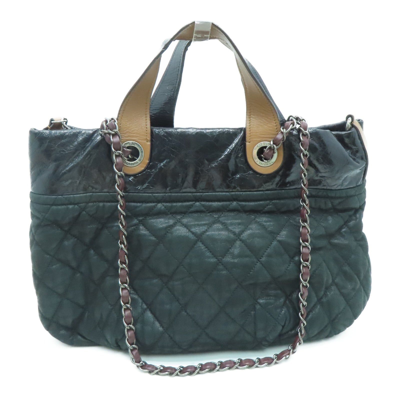 CHANEL 菱格牛皮皮革Shoulder Bag银扣链带肩背袋黑色