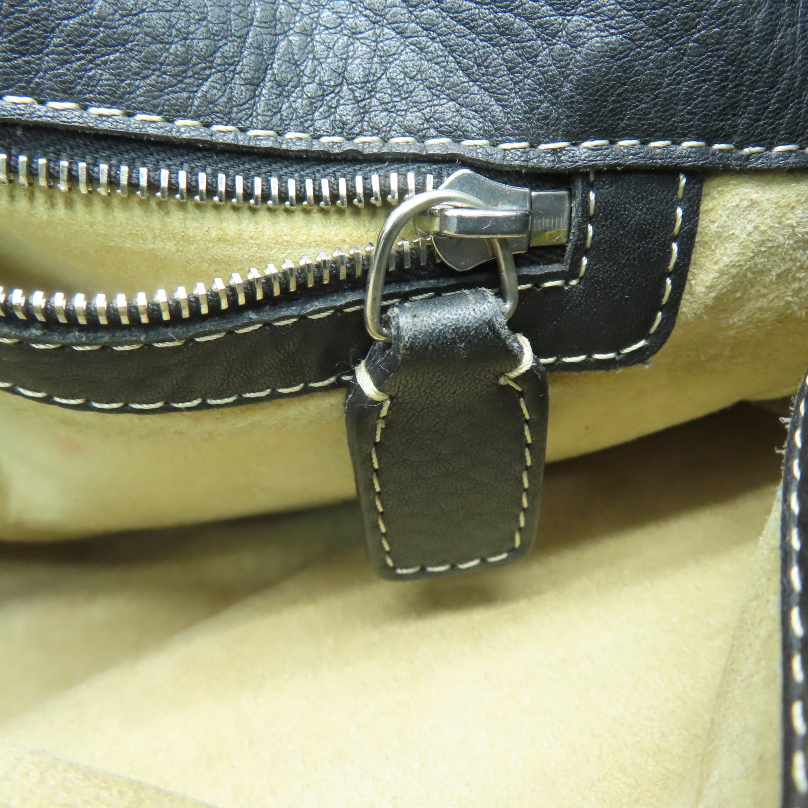 FENDI Cowhide Leather Tote Bag Silver Buckle Shoulder Bag Black